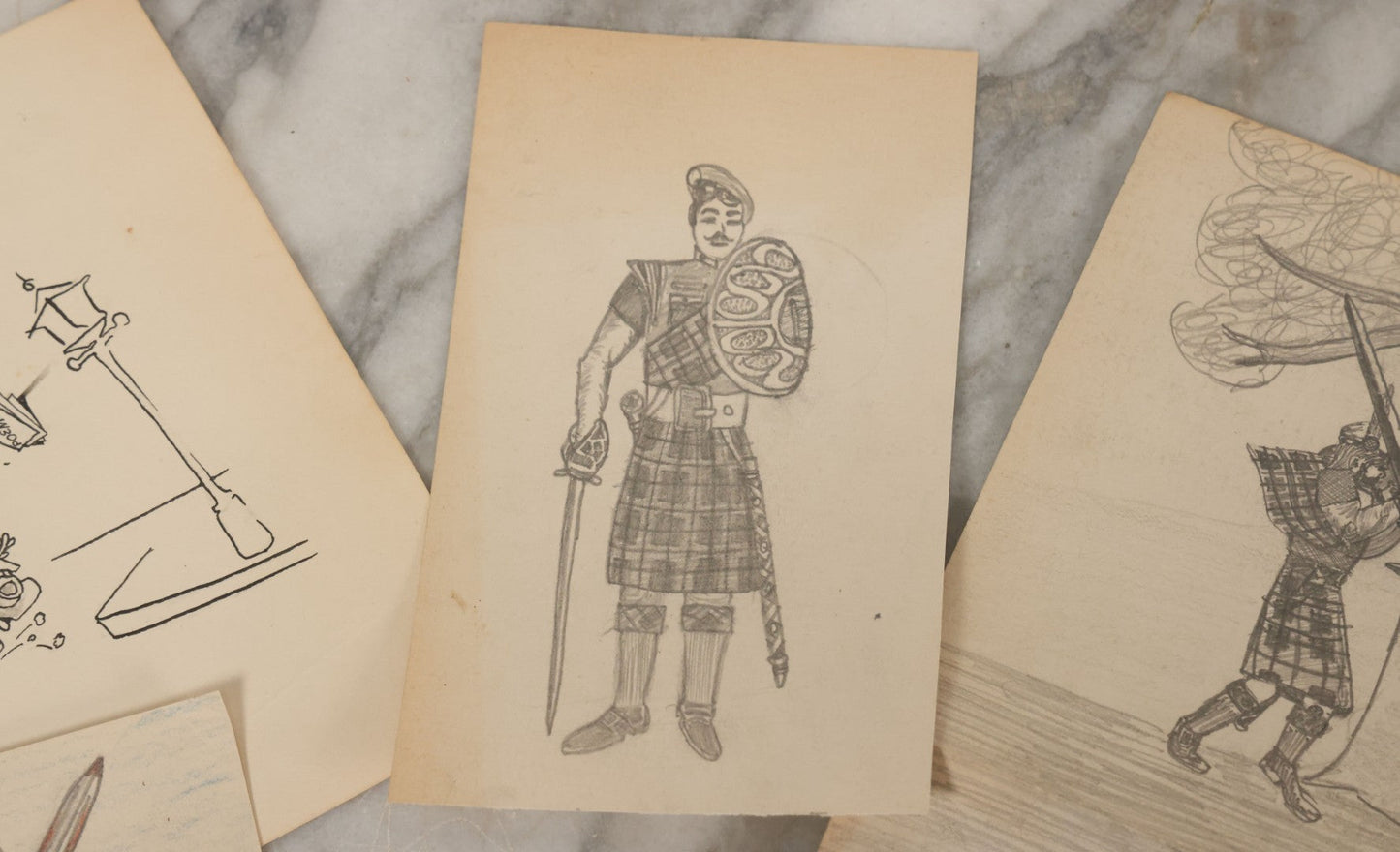 Lot 105 - Grouping Of Four Hand Drawn Illustrations On Paper Including Pen And Ink Of "Mr. Cain In Europe" And Pencil Drawings Of Knights And Sword Fights, Battle, Unsigned