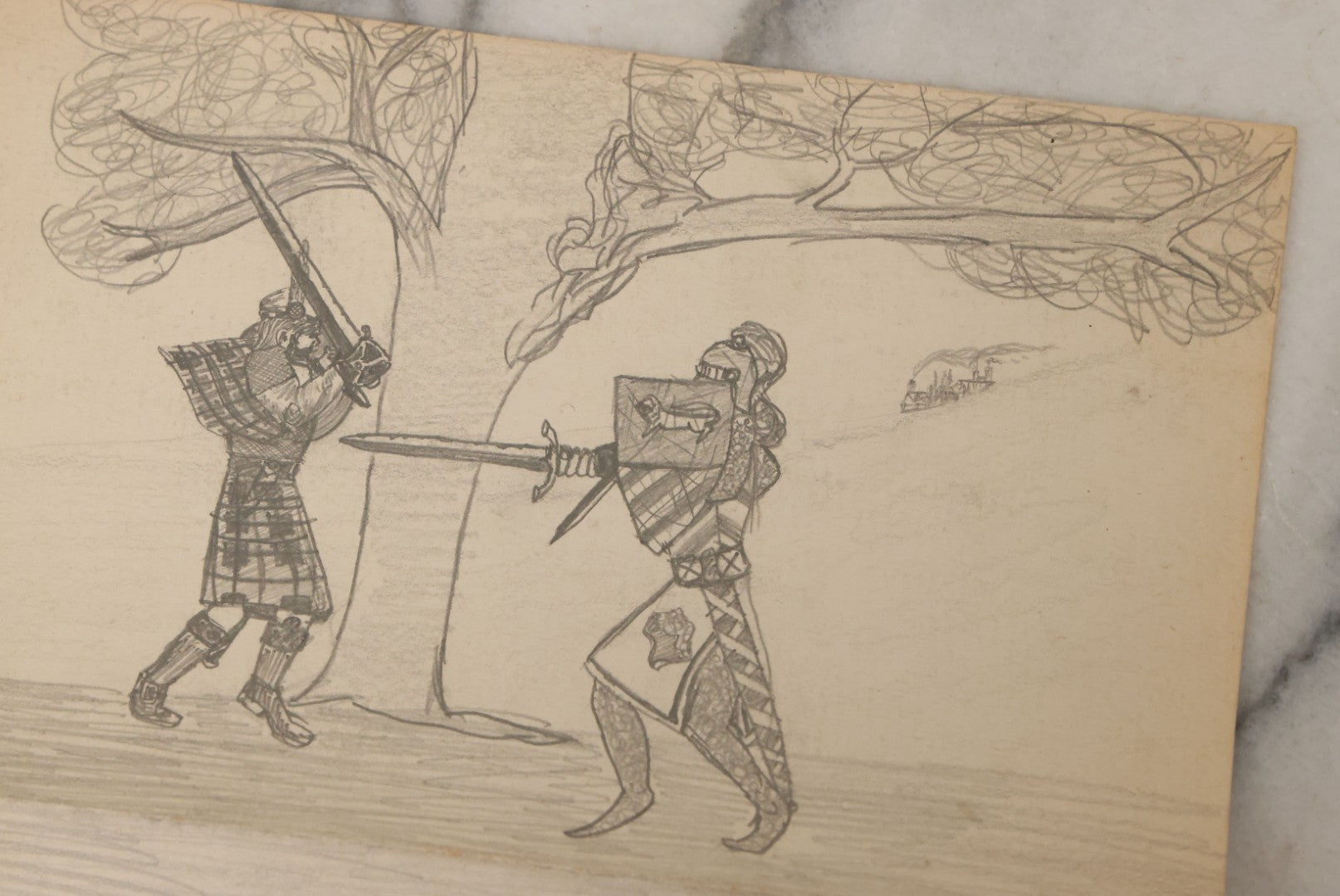 Lot 105 - Grouping Of Four Hand Drawn Illustrations On Paper Including Pen And Ink Of "Mr. Cain In Europe" And Pencil Drawings Of Knights And Sword Fights, Battle, Unsigned
