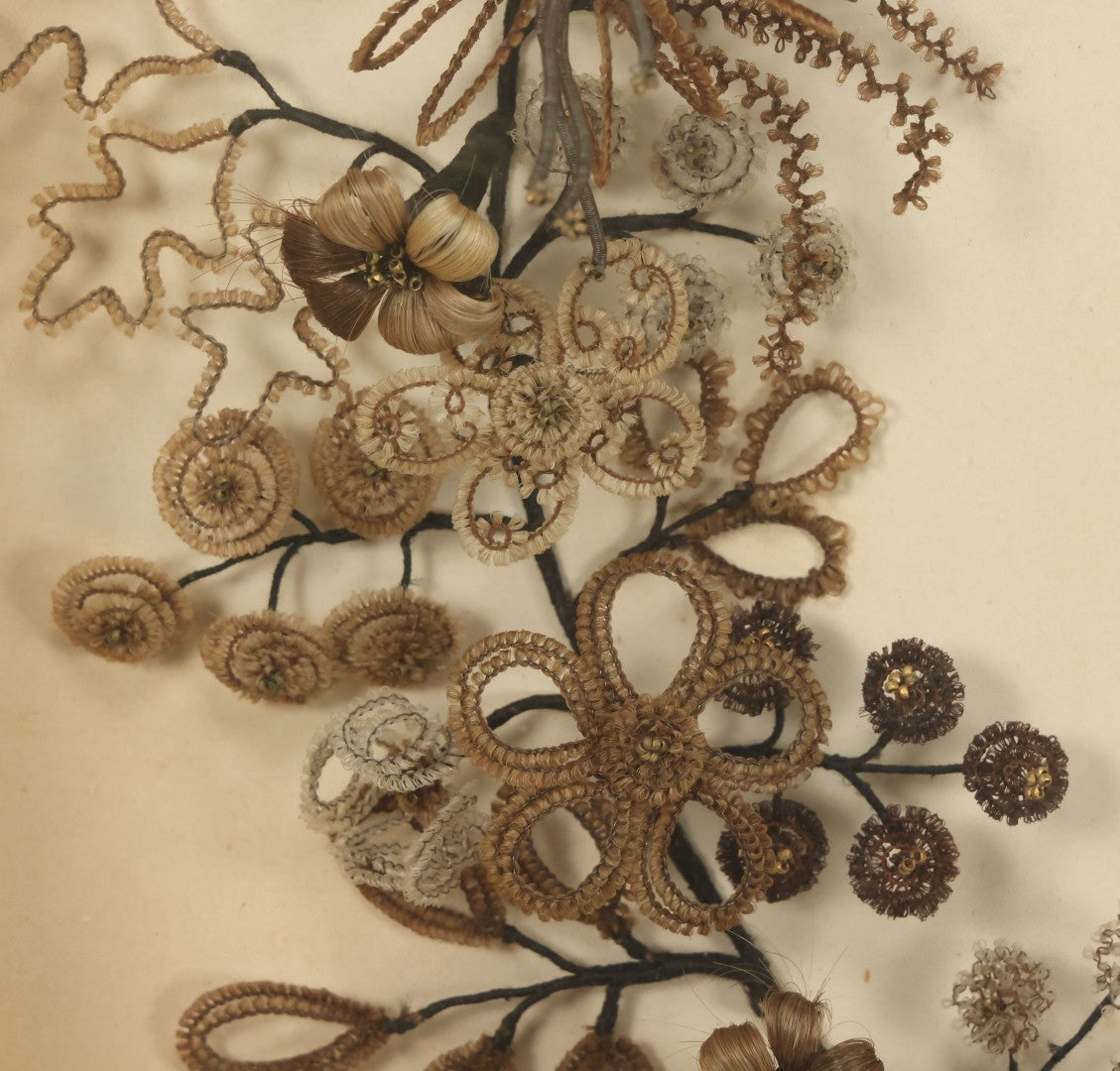 Lot 005 - Antique Victorian Human Hair Work Wreath In Rectangular Shadow Box With White Bow, Center Hair Flower Bouquet, 23-3/4" x 20-3/8" x 3-1/2"