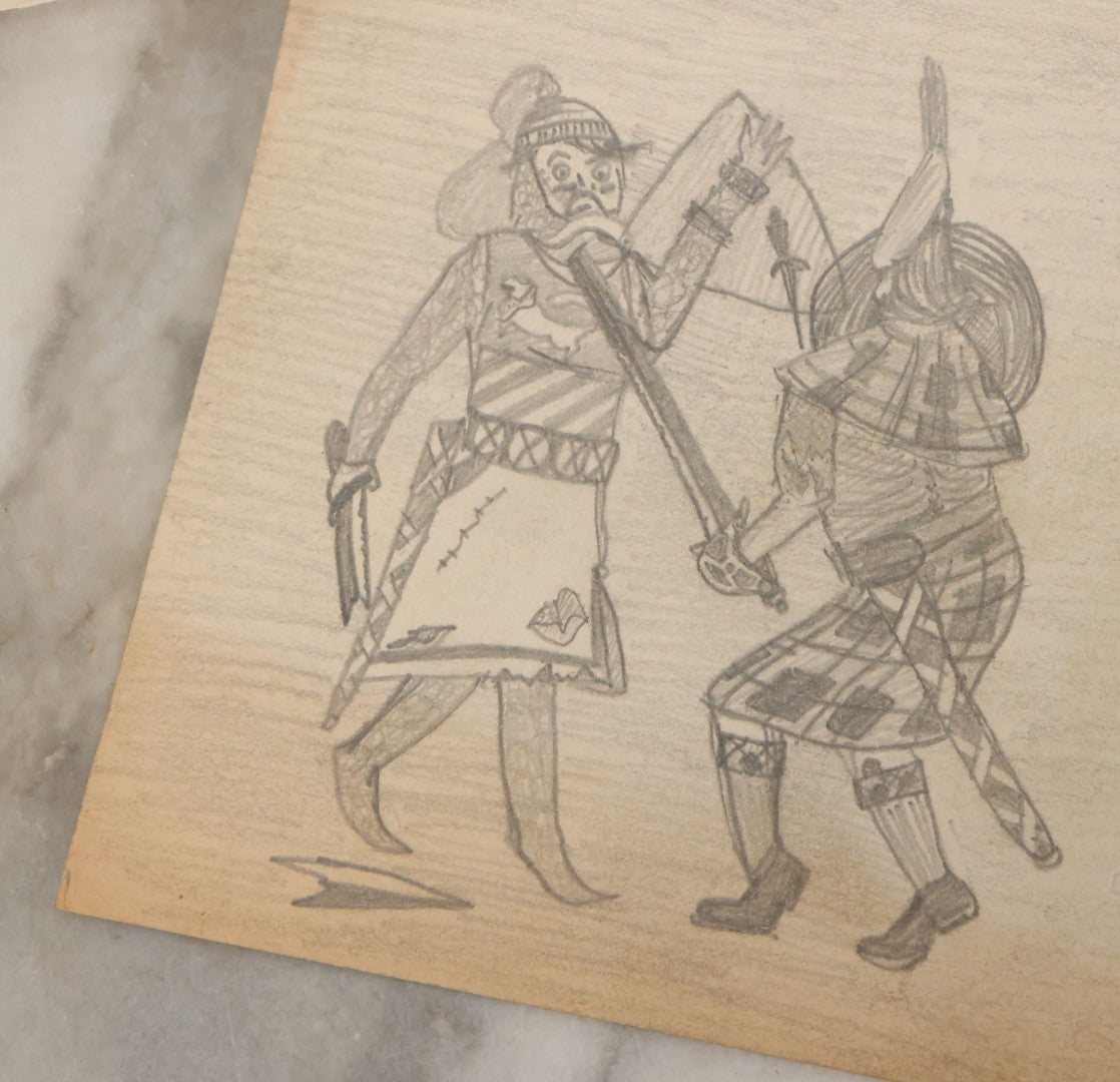 Lot 105 - Grouping Of Four Hand Drawn Illustrations On Paper Including Pen And Ink Of "Mr. Cain In Europe" And Pencil Drawings Of Knights And Sword Fights, Battle, Unsigned