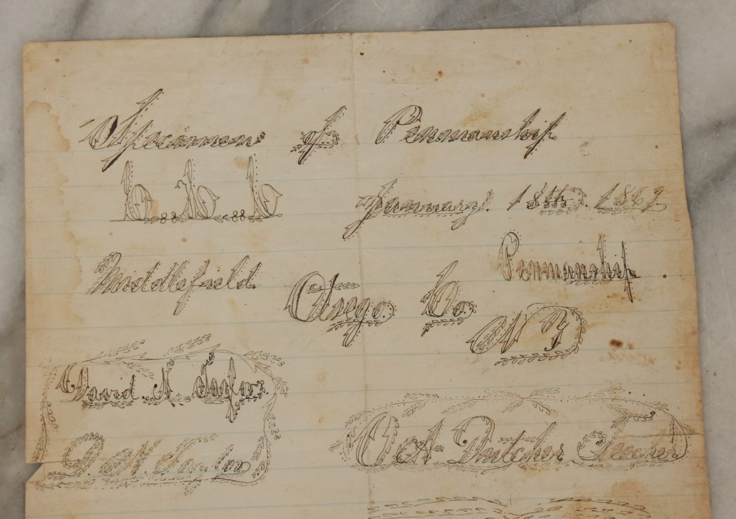 Lot 106 - Antique Ephemera Scrap, Specimens Of Penmanship, 19th Century Calligraphy Exercise On Paper, As Found