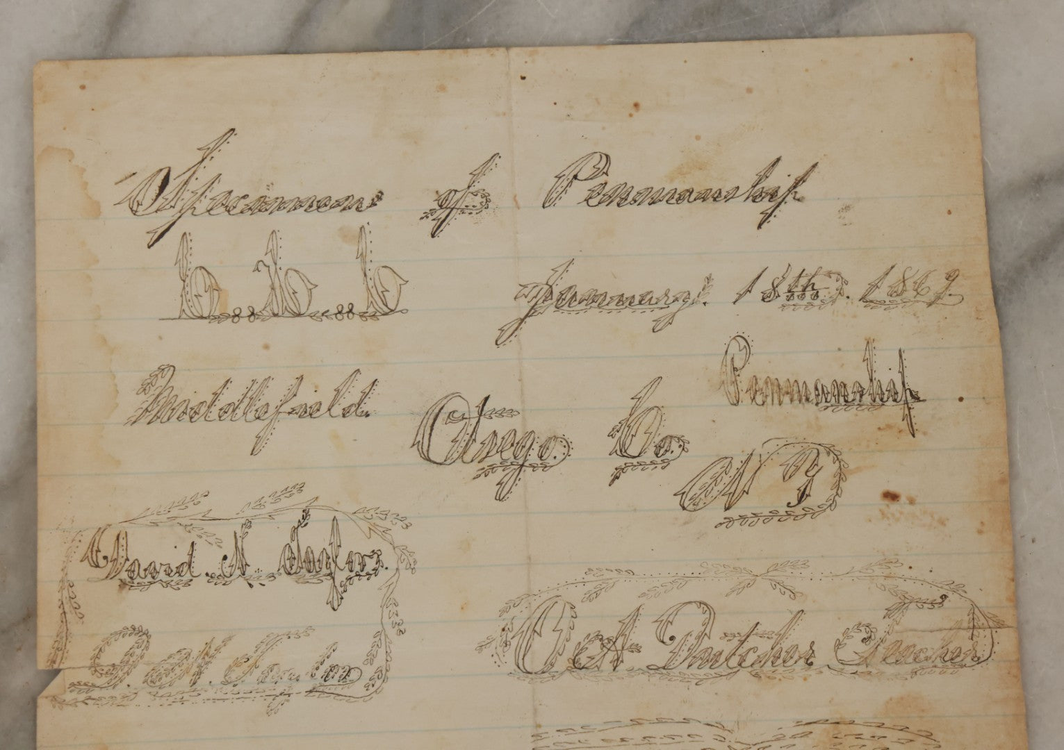 Lot 106 - Antique Ephemera Scrap, Specimens Of Penmanship, 19th Century Calligraphy Exercise On Paper, As Found