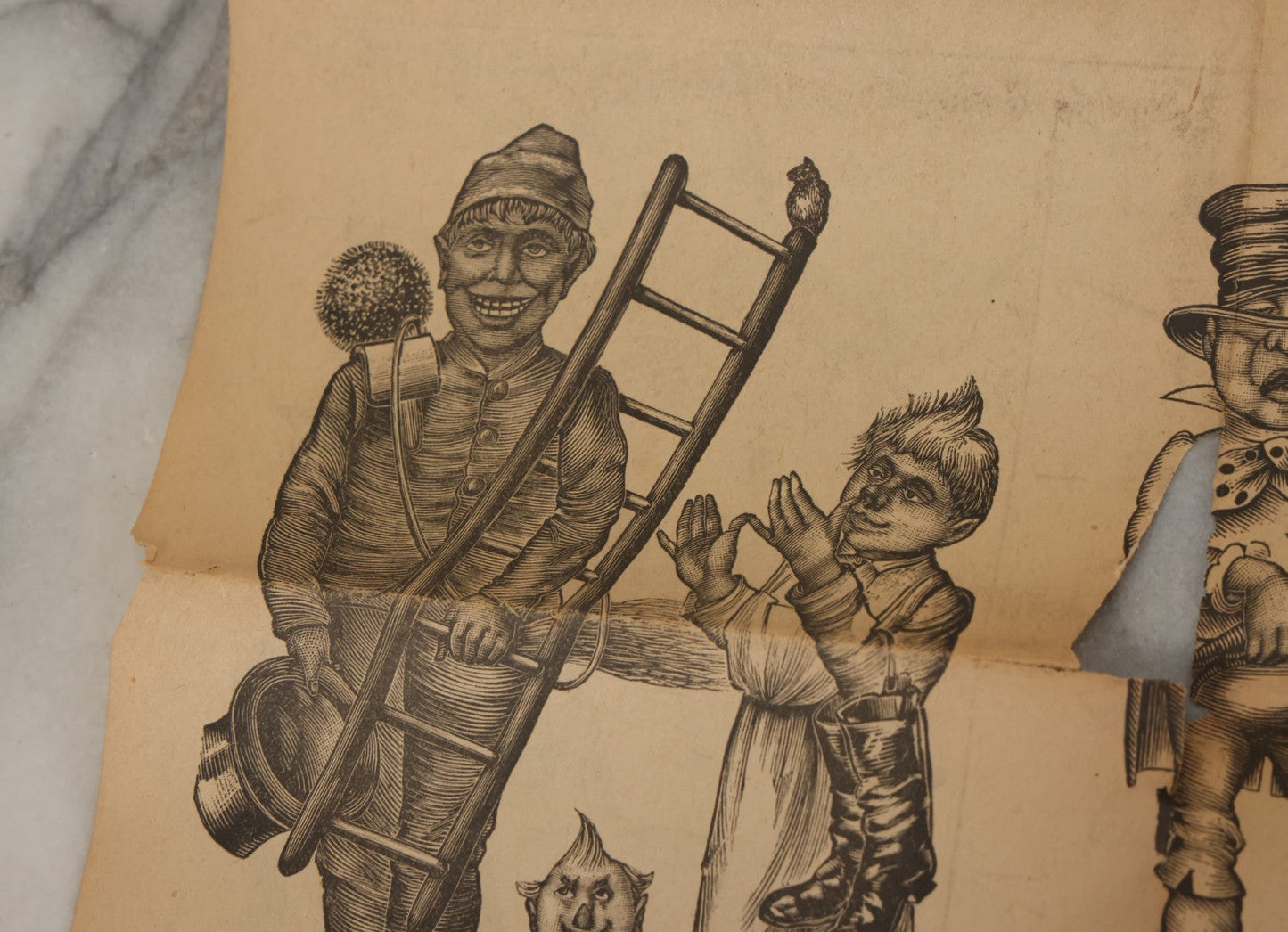 Lot 107 - Antique Ephemera Scrap, Novelty Caricature Cut And Fold With Comic Characters, Designs, Note Tears, Losses, As Found