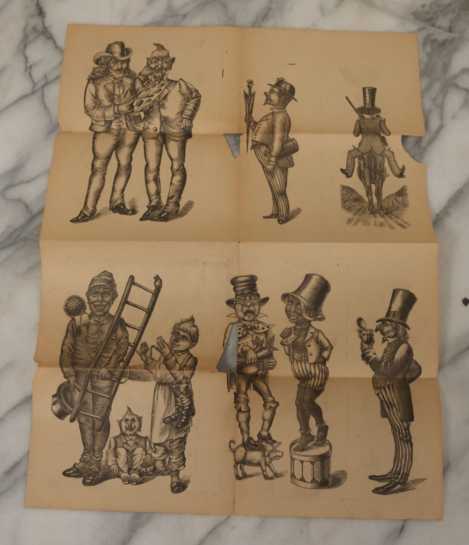 Lot 107 - Antique Ephemera Scrap, Novelty Caricature Cut And Fold With Comic Characters, Designs, Note Tears, Losses, As Found