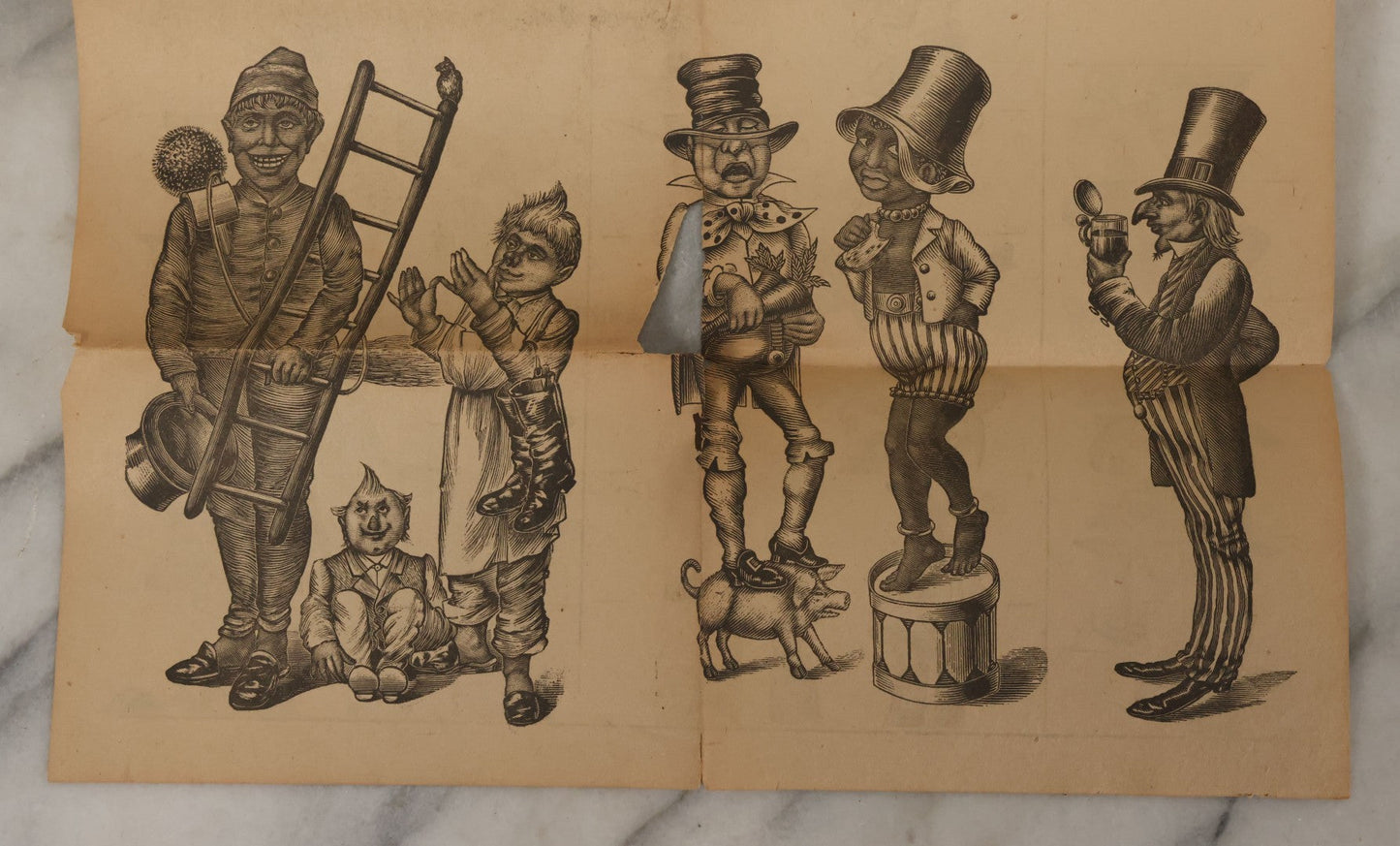 Lot 107 - Antique Ephemera Scrap, Novelty Caricature Cut And Fold With Comic Characters, Designs, Note Tears, Losses, As Found