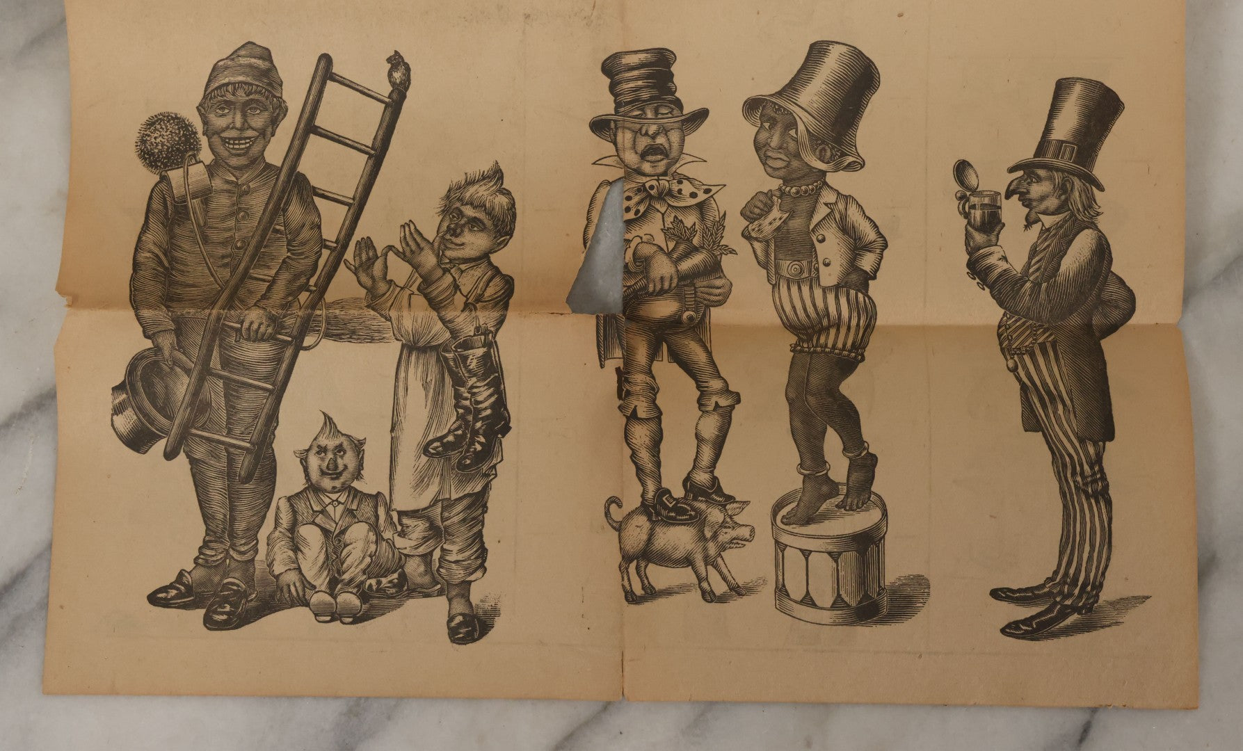 Lot 107 - Antique Ephemera Scrap, Novelty Caricature Cut And Fold With Comic Characters, Designs, Note Tears, Losses, As Found