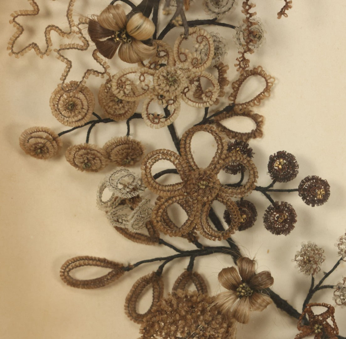 Lot 005 - Antique Victorian Human Hair Work Wreath In Rectangular Shadow Box With White Bow, Center Hair Flower Bouquet, 23-3/4" x 20-3/8" x 3-1/2"