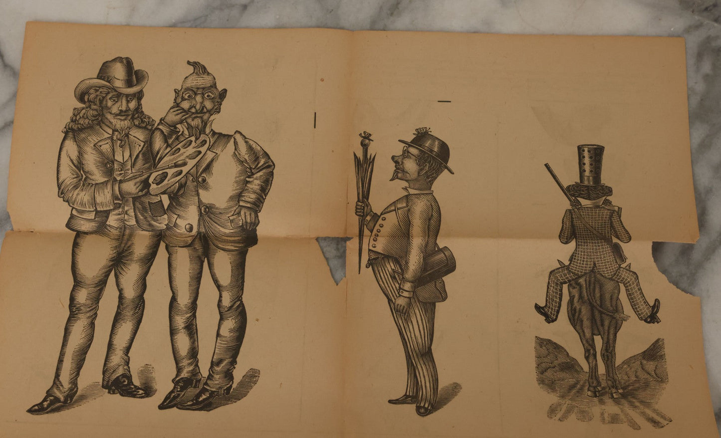 Lot 107 - Antique Ephemera Scrap, Novelty Caricature Cut And Fold With Comic Characters, Designs, Note Tears, Losses, As Found