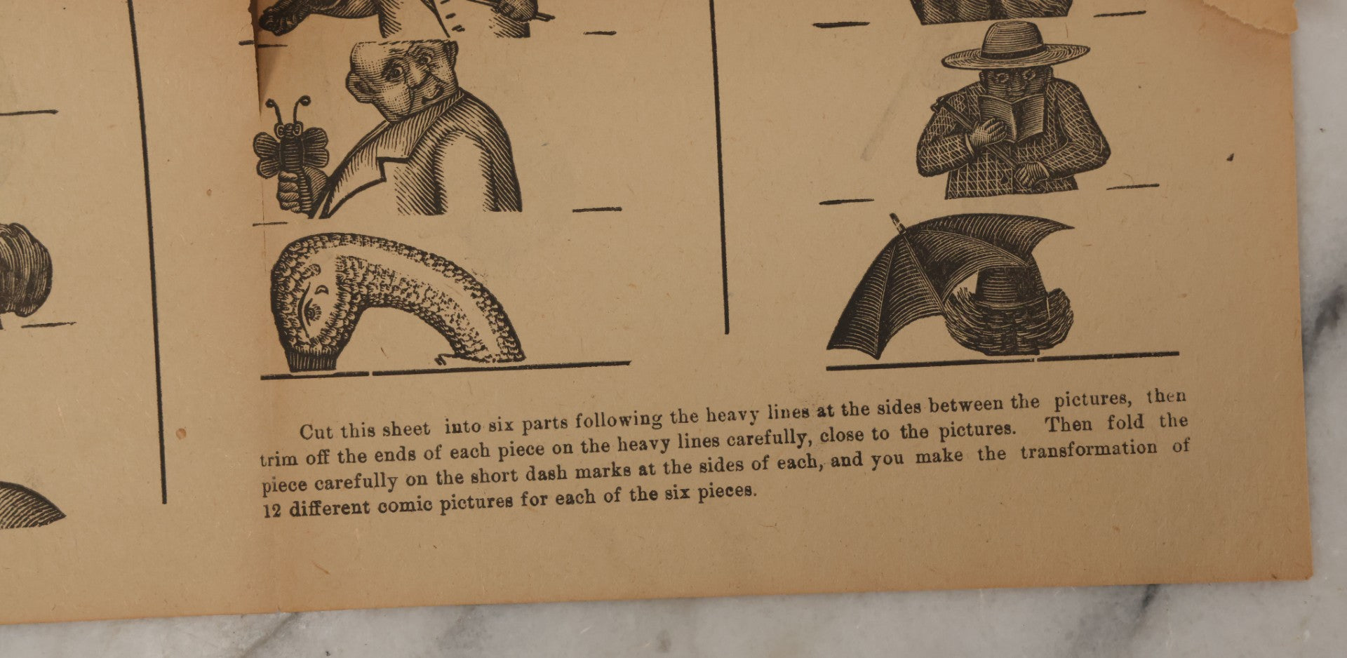 Lot 107 - Antique Ephemera Scrap, Novelty Caricature Cut And Fold With Comic Characters, Designs, Note Tears, Losses, As Found