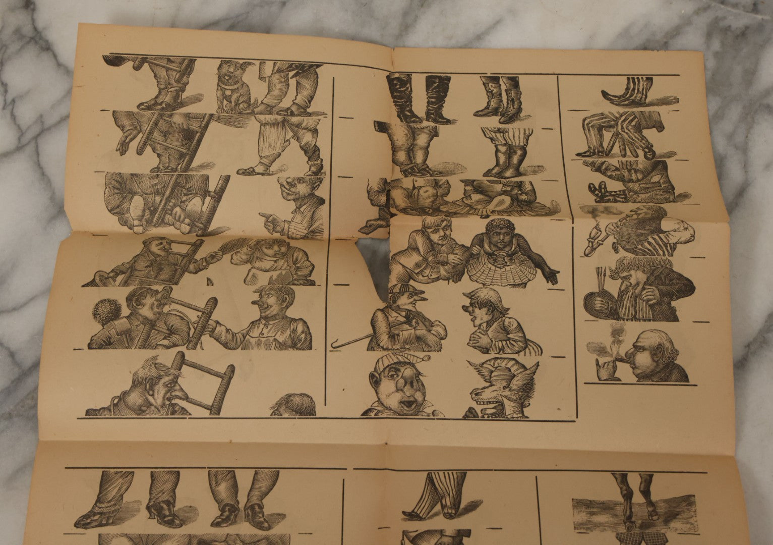 Lot 107 - Antique Ephemera Scrap, Novelty Caricature Cut And Fold With Comic Characters, Designs, Note Tears, Losses, As Found