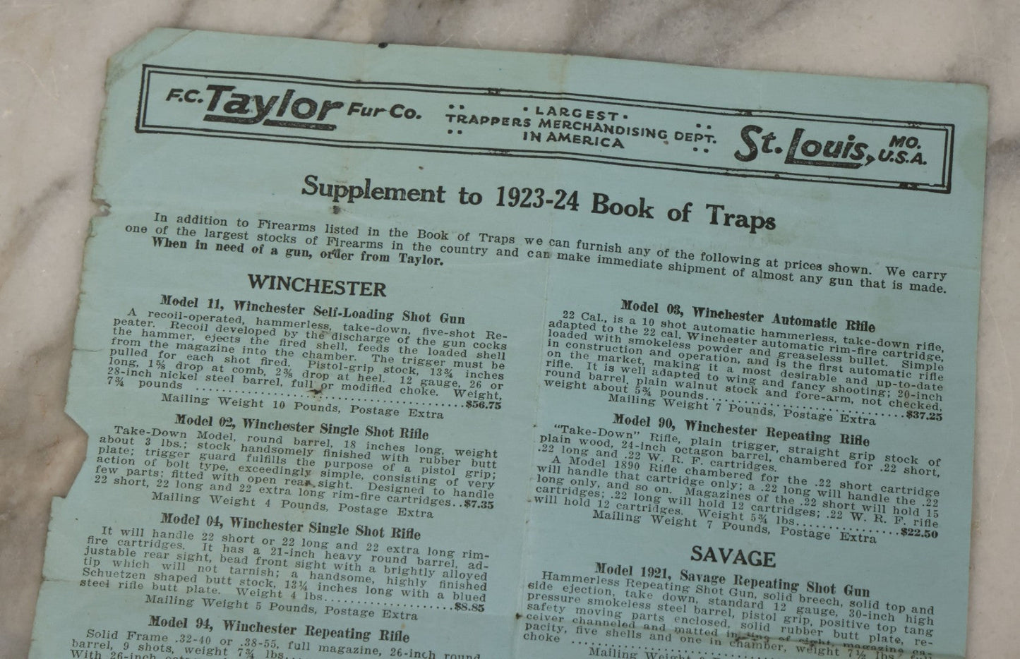 Lot 108 - Antique Ephemera Scrap, Catalogue Supplement From F.C. Taylor Fur Co., Largest Trapperts Merchandising Department In America, St. Louis, Missouri, U.S.A., 1923-1924