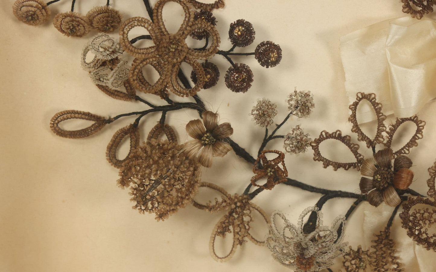 Lot 005 - Antique Victorian Human Hair Work Wreath In Rectangular Shadow Box With White Bow, Center Hair Flower Bouquet, 23-3/4" x 20-3/8" x 3-1/2"