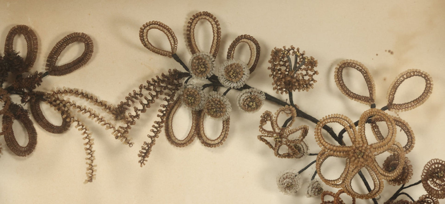 Lot 005 - Antique Victorian Human Hair Work Wreath In Rectangular Shadow Box With White Bow, Center Hair Flower Bouquet, 23-3/4" x 20-3/8" x 3-1/2"