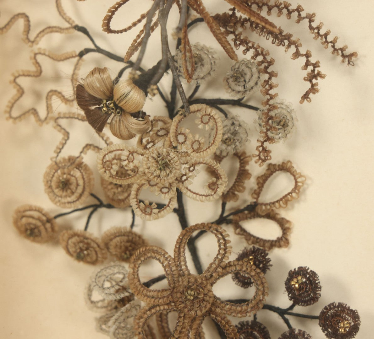 Lot 005 - Antique Victorian Human Hair Work Wreath In Rectangular Shadow Box With White Bow, Center Hair Flower Bouquet, 23-3/4" x 20-3/8" x 3-1/2"