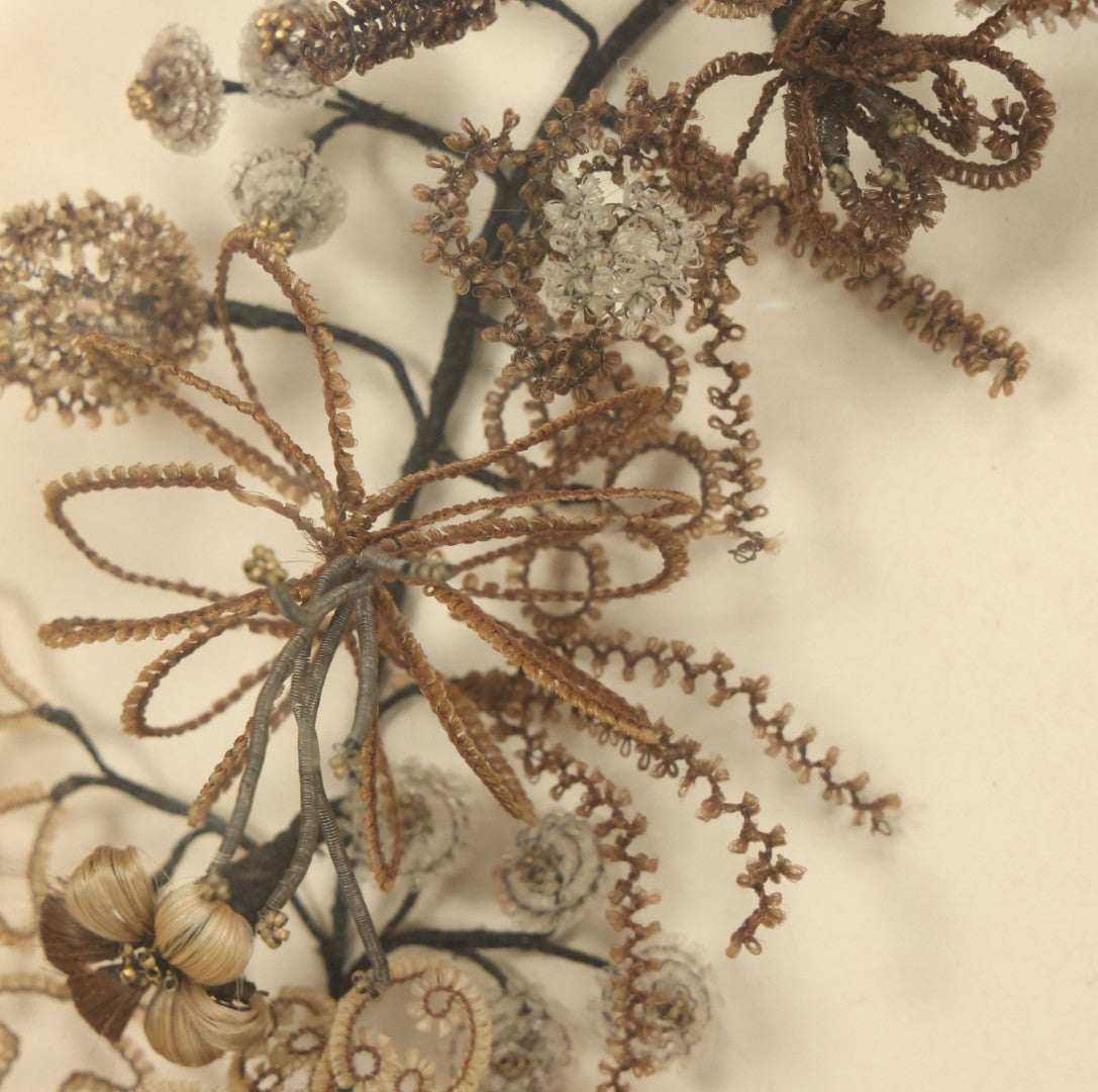 Lot 005 - Antique Victorian Human Hair Work Wreath In Rectangular Shadow Box With White Bow, Center Hair Flower Bouquet, 23-3/4" x 20-3/8" x 3-1/2"