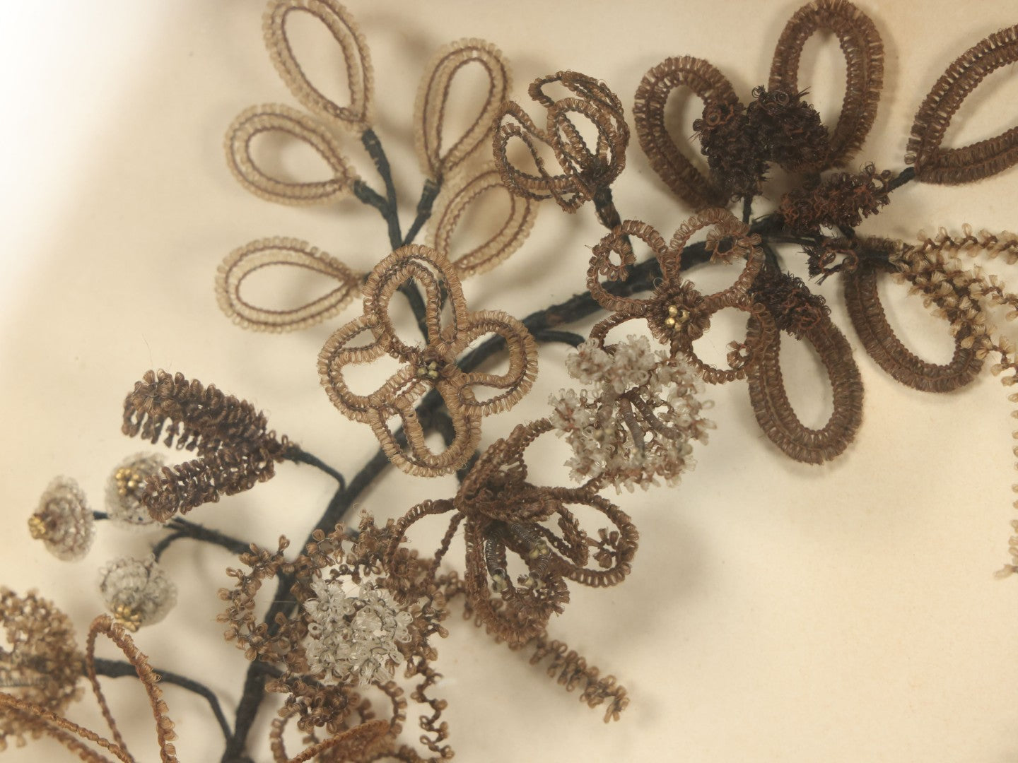 Lot 005 - Antique Victorian Human Hair Work Wreath In Rectangular Shadow Box With White Bow, Center Hair Flower Bouquet, 23-3/4" x 20-3/8" x 3-1/2"