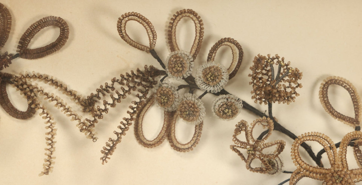 Lot 005 - Antique Victorian Human Hair Work Wreath In Rectangular Shadow Box With White Bow, Center Hair Flower Bouquet, 23-3/4" x 20-3/8" x 3-1/2"