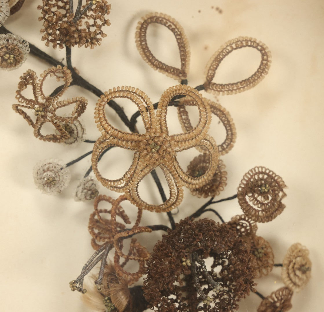 Lot 005 - Antique Victorian Human Hair Work Wreath In Rectangular Shadow Box With White Bow, Center Hair Flower Bouquet, 23-3/4" x 20-3/8" x 3-1/2"