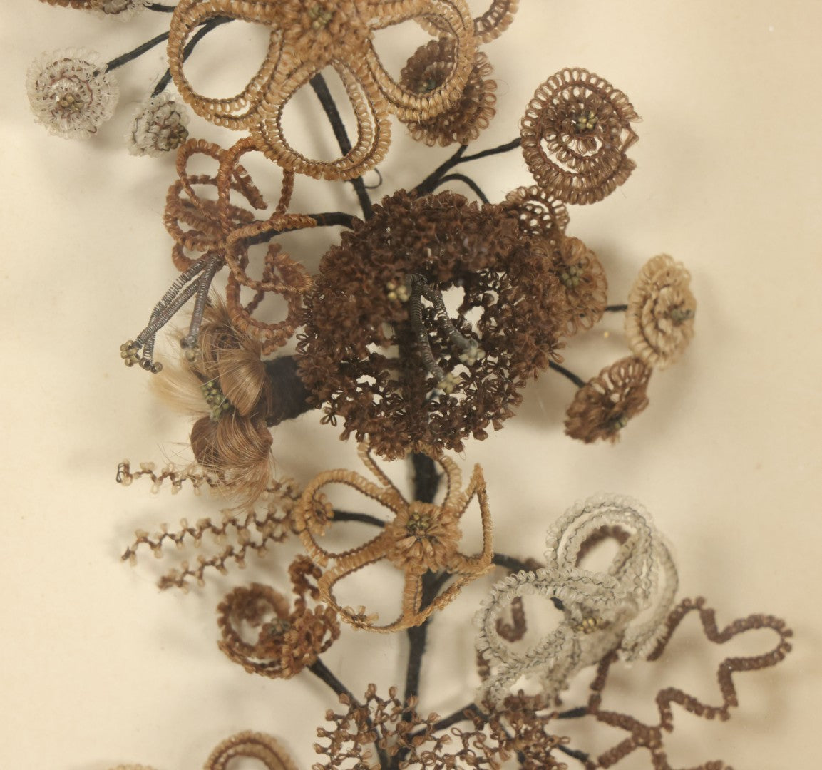 Lot 005 - Antique Victorian Human Hair Work Wreath In Rectangular Shadow Box With White Bow, Center Hair Flower Bouquet, 23-3/4" x 20-3/8" x 3-1/2"