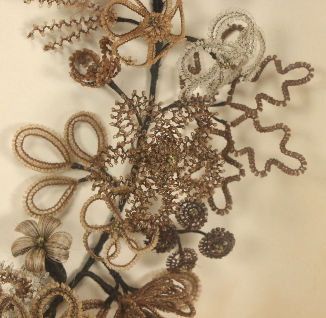 Lot 005 - Antique Victorian Human Hair Work Wreath In Rectangular Shadow Box With White Bow, Center Hair Flower Bouquet, 23-3/4" x 20-3/8" x 3-1/2"