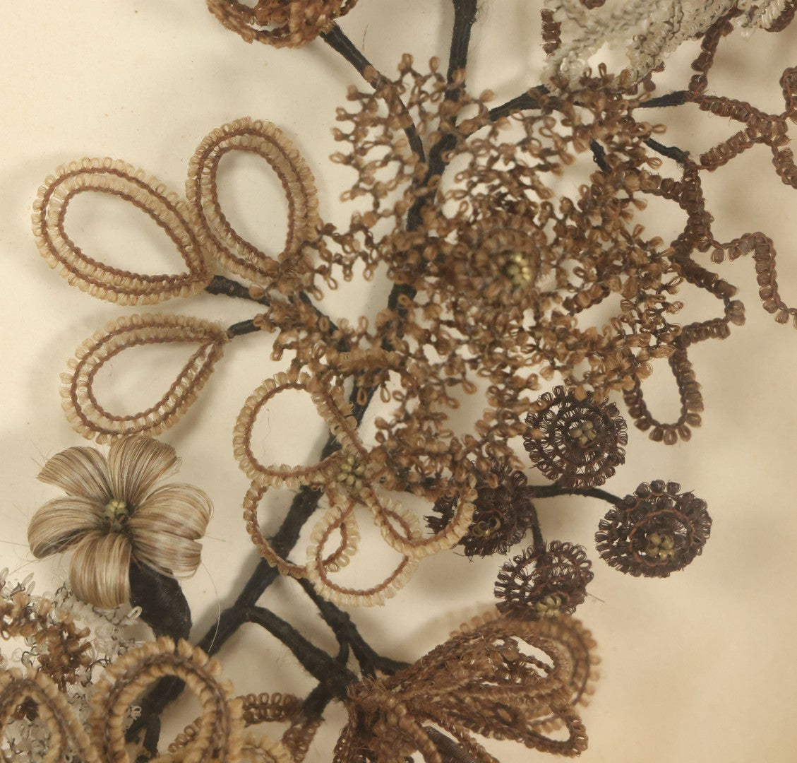 Lot 005 - Antique Victorian Human Hair Work Wreath In Rectangular Shadow Box With White Bow, Center Hair Flower Bouquet, 23-3/4" x 20-3/8" x 3-1/2"
