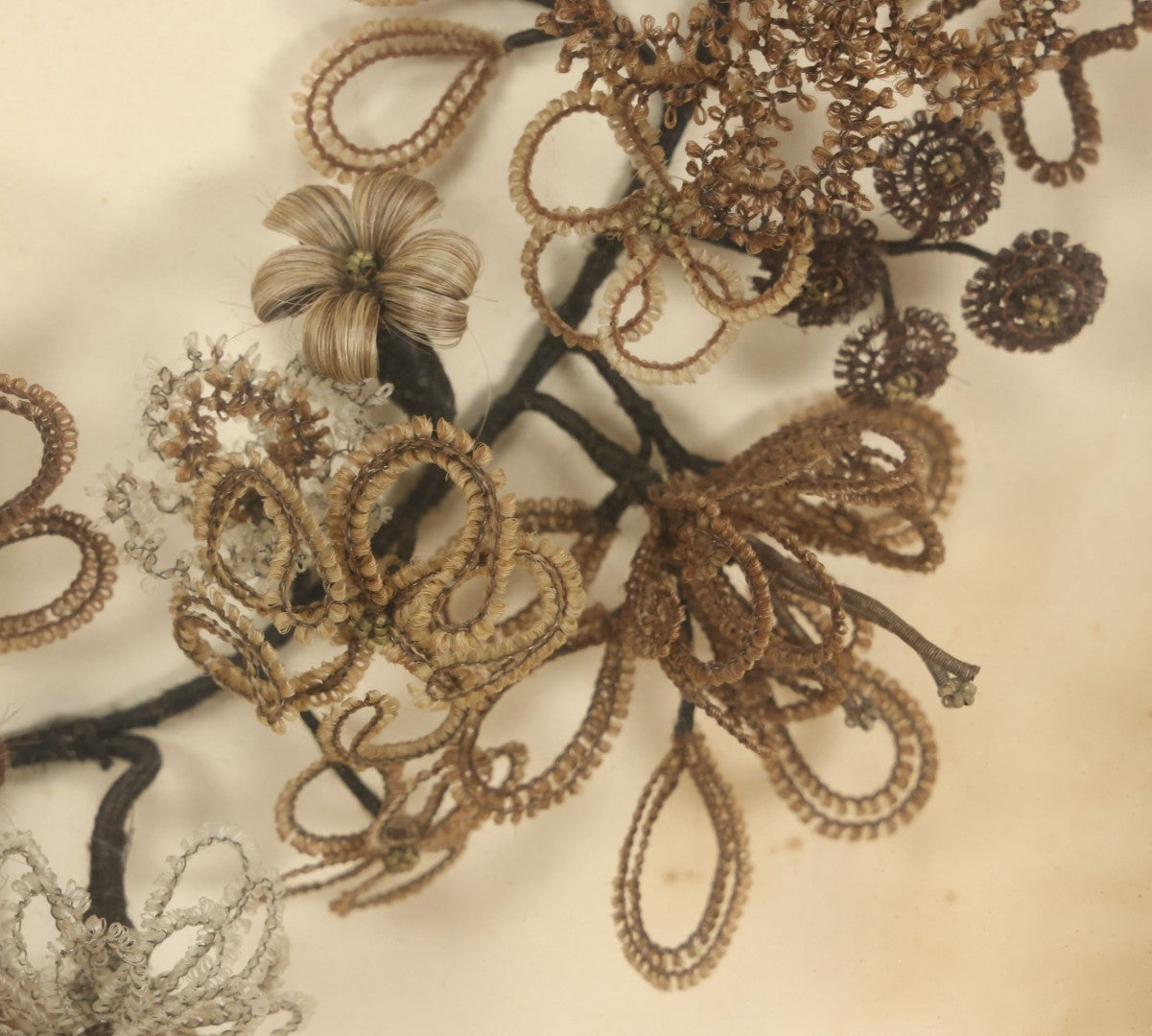 Lot 005 - Antique Victorian Human Hair Work Wreath In Rectangular Shadow Box With White Bow, Center Hair Flower Bouquet, 23-3/4" x 20-3/8" x 3-1/2"