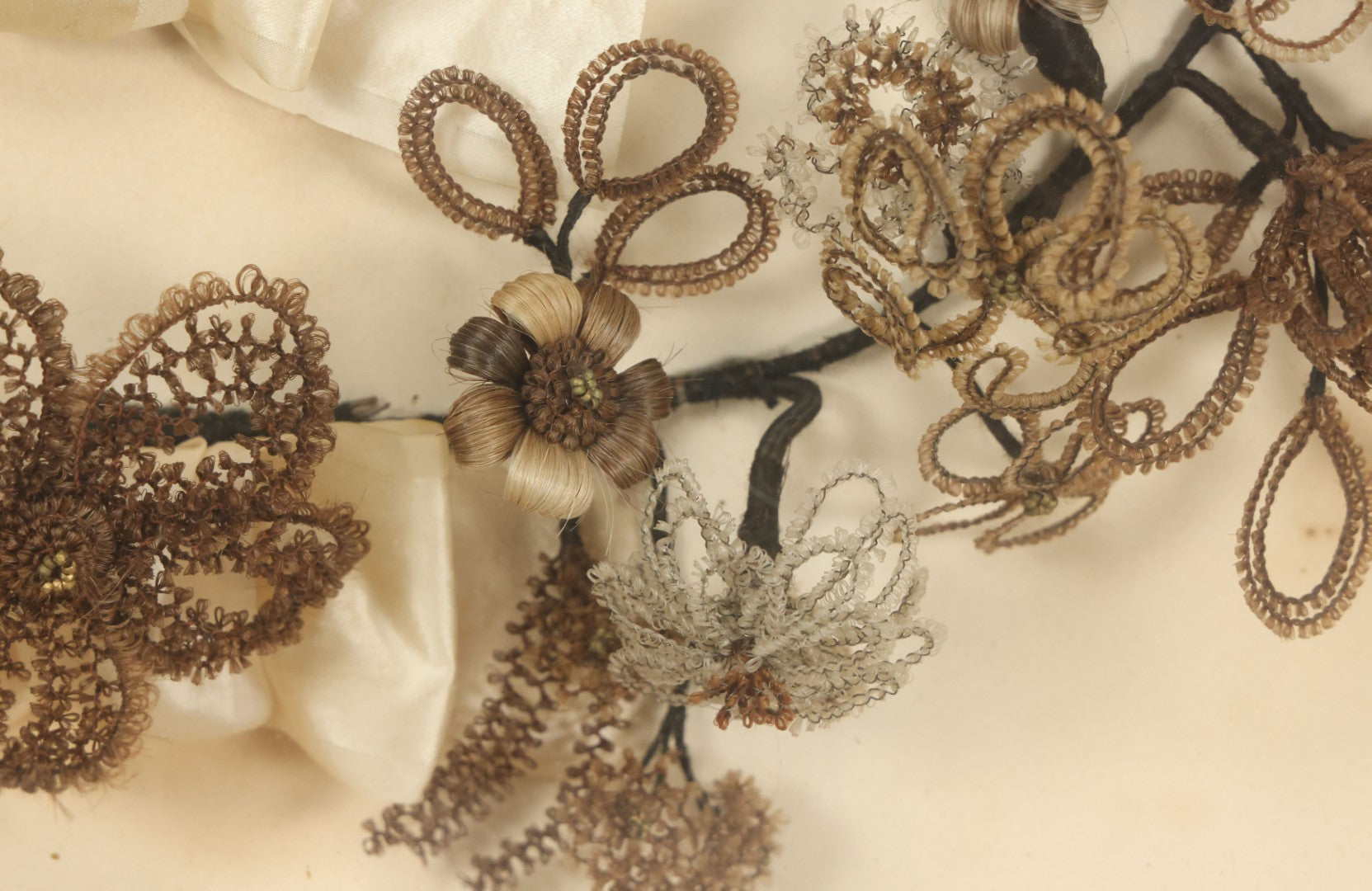 Lot 005 - Antique Victorian Human Hair Work Wreath In Rectangular Shadow Box With White Bow, Center Hair Flower Bouquet, 23-3/4" x 20-3/8" x 3-1/2"