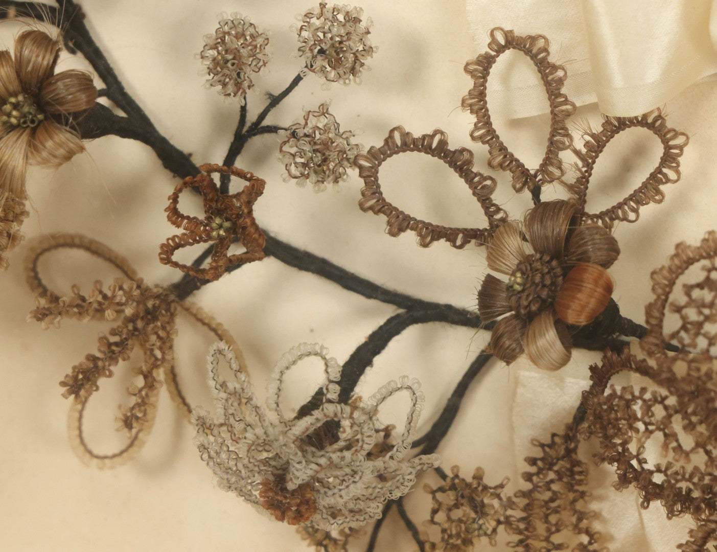 Lot 005 - Antique Victorian Human Hair Work Wreath In Rectangular Shadow Box With White Bow, Center Hair Flower Bouquet, 23-3/4" x 20-3/8" x 3-1/2"