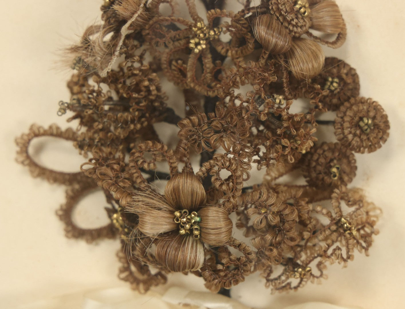 Lot 005 - Antique Victorian Human Hair Work Wreath In Rectangular Shadow Box With White Bow, Center Hair Flower Bouquet, 23-3/4" x 20-3/8" x 3-1/2"