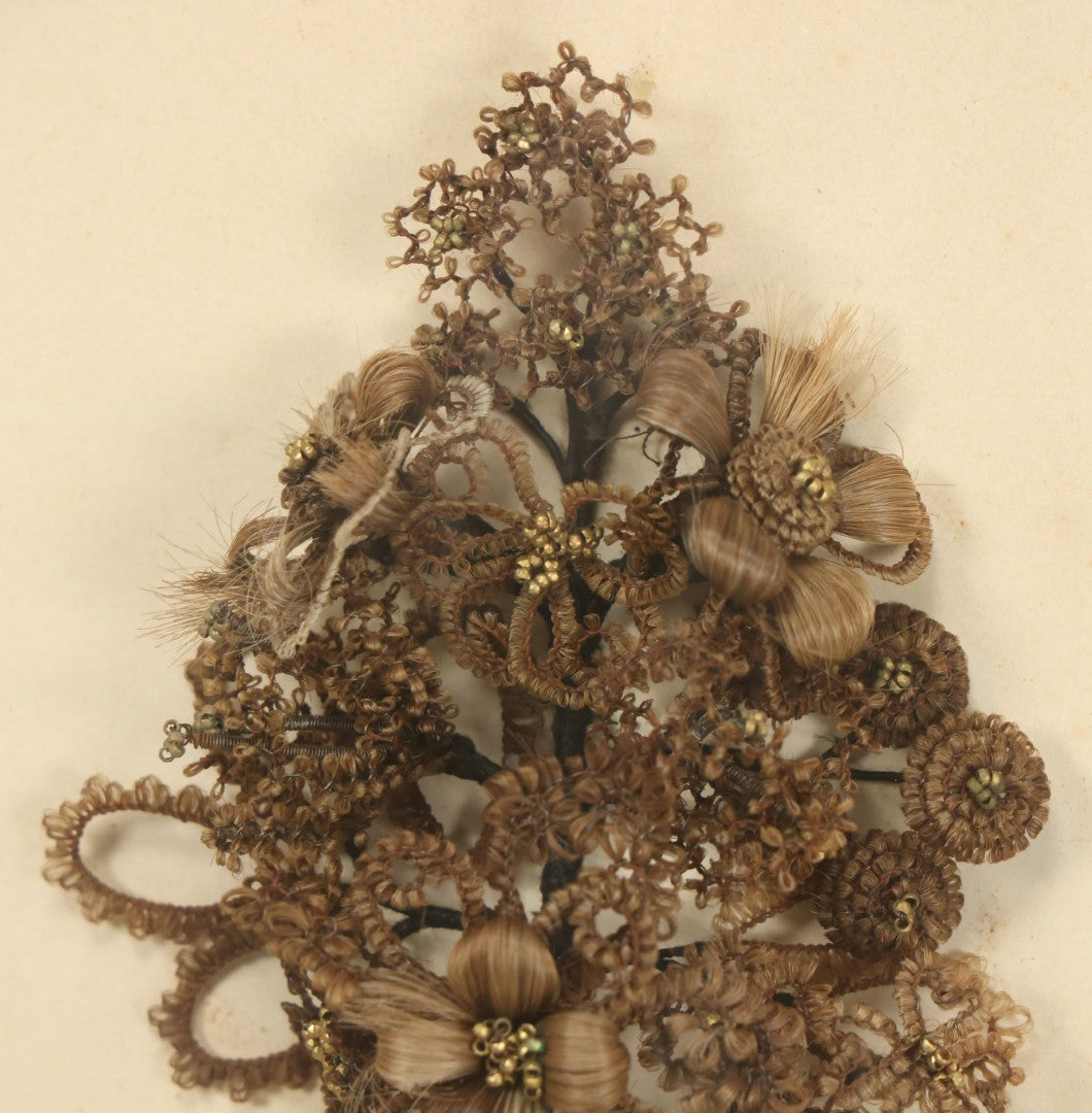 Lot 005 - Antique Victorian Human Hair Work Wreath In Rectangular Shadow Box With White Bow, Center Hair Flower Bouquet, 23-3/4" x 20-3/8" x 3-1/2"