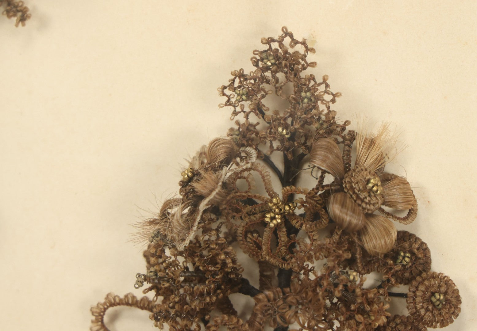 Lot 005 - Antique Victorian Human Hair Work Wreath In Rectangular Shadow Box With White Bow, Center Hair Flower Bouquet, 23-3/4" x 20-3/8" x 3-1/2"