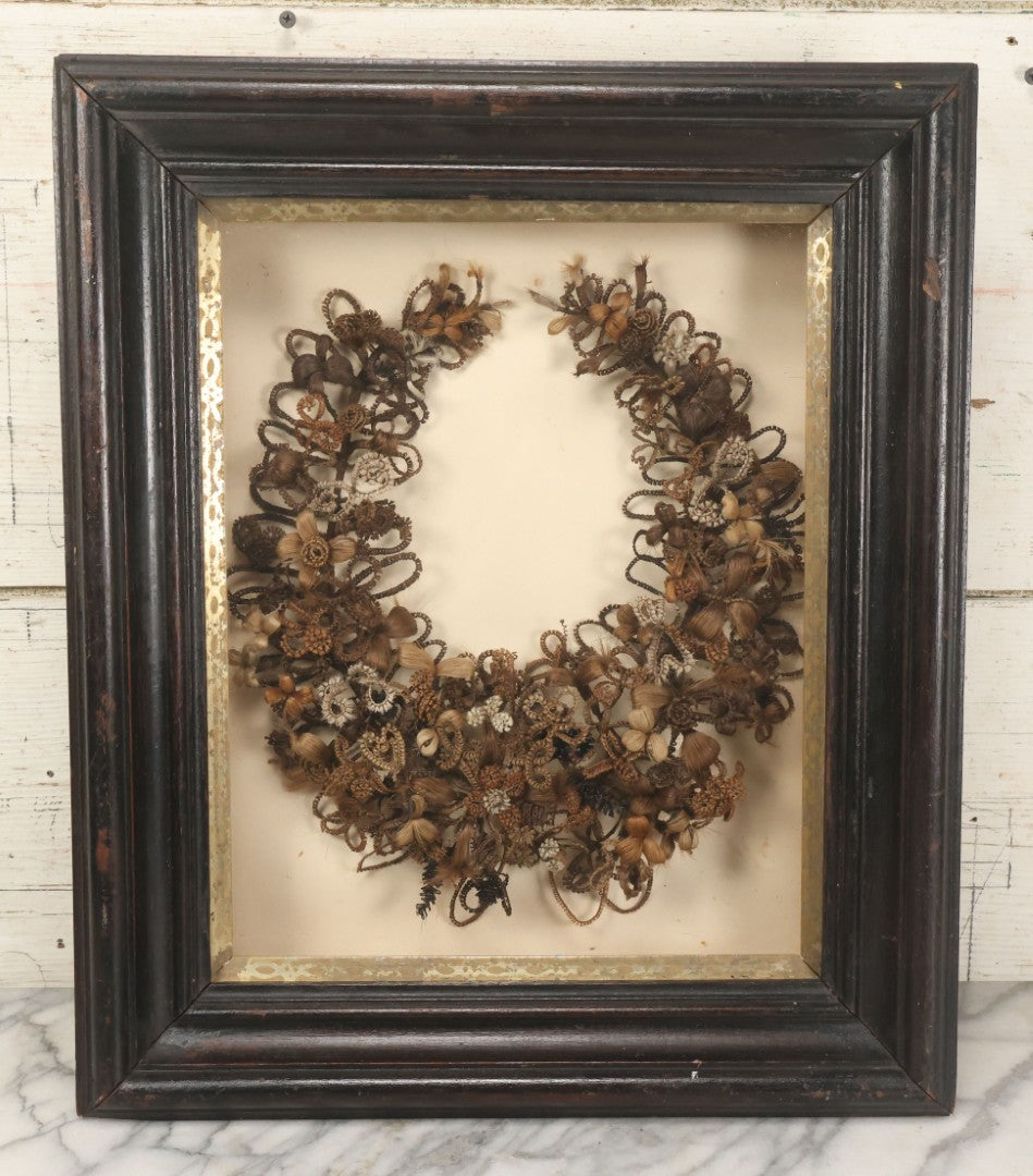 Lot 006 - Antique Victorian Human Hair Work Wreath In Rectangular Shadow Box With Gilt Inner Frame, Horseshoe Shaped Wreath, 16-1/2" x 19-1/2" x 4-3/8"