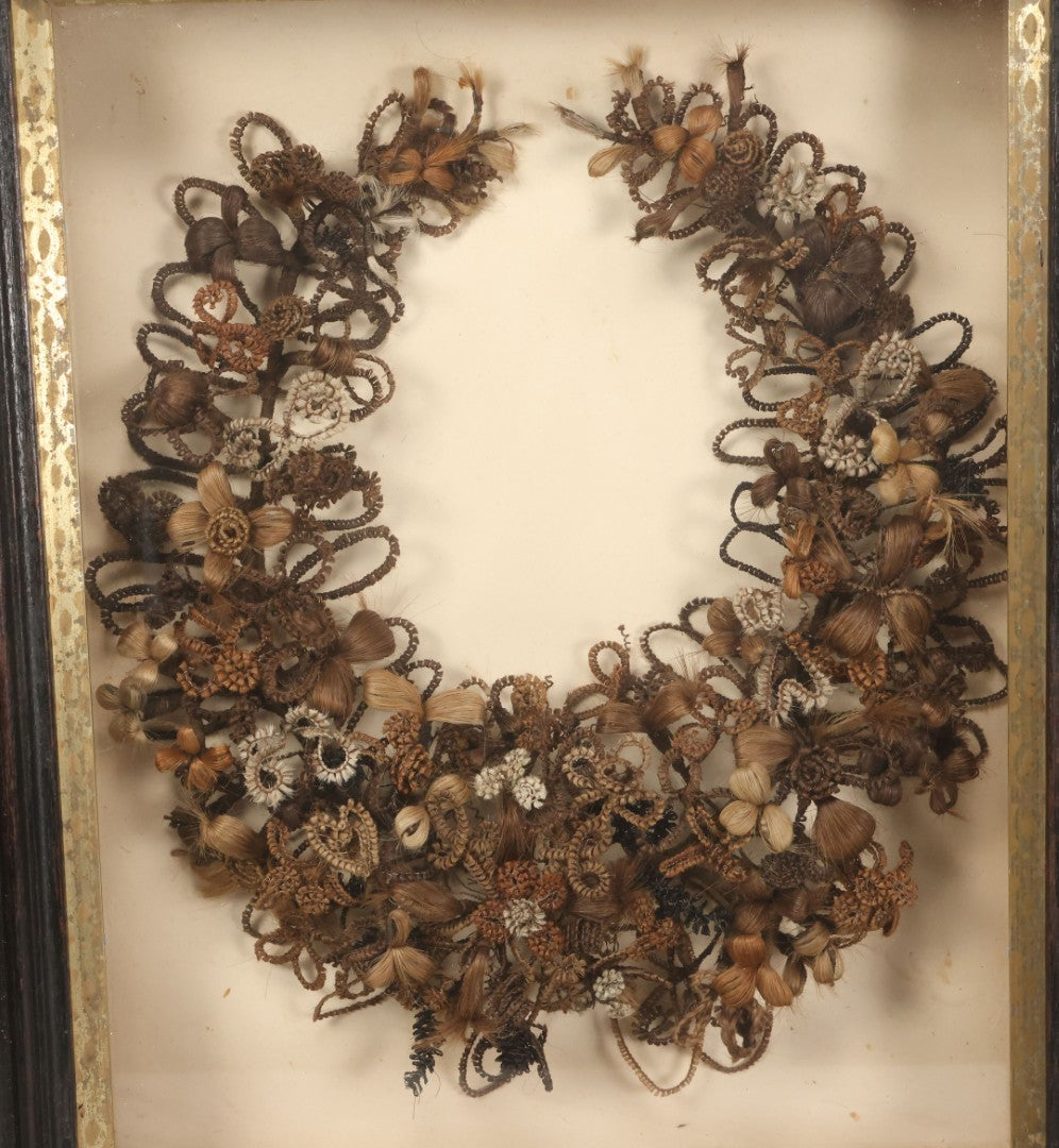 Lot 006 - Antique Victorian Human Hair Work Wreath In Rectangular Shadow Box With Gilt Inner Frame, Horseshoe Shaped Wreath, 16-1/2" x 19-1/2" x 4-3/8"