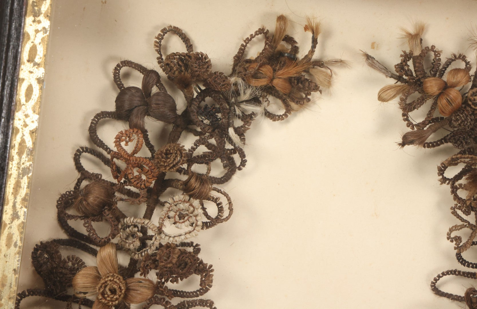 Lot 006 - Antique Victorian Human Hair Work Wreath In Rectangular Shadow Box With Gilt Inner Frame, Horseshoe Shaped Wreath, 16-1/2" x 19-1/2" x 4-3/8"