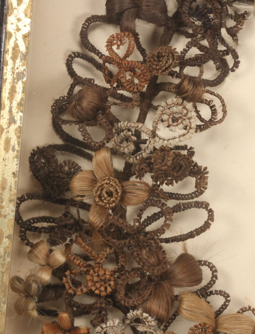 Lot 006 - Antique Victorian Human Hair Work Wreath In Rectangular Shadow Box With Gilt Inner Frame, Horseshoe Shaped Wreath, 16-1/2" x 19-1/2" x 4-3/8"