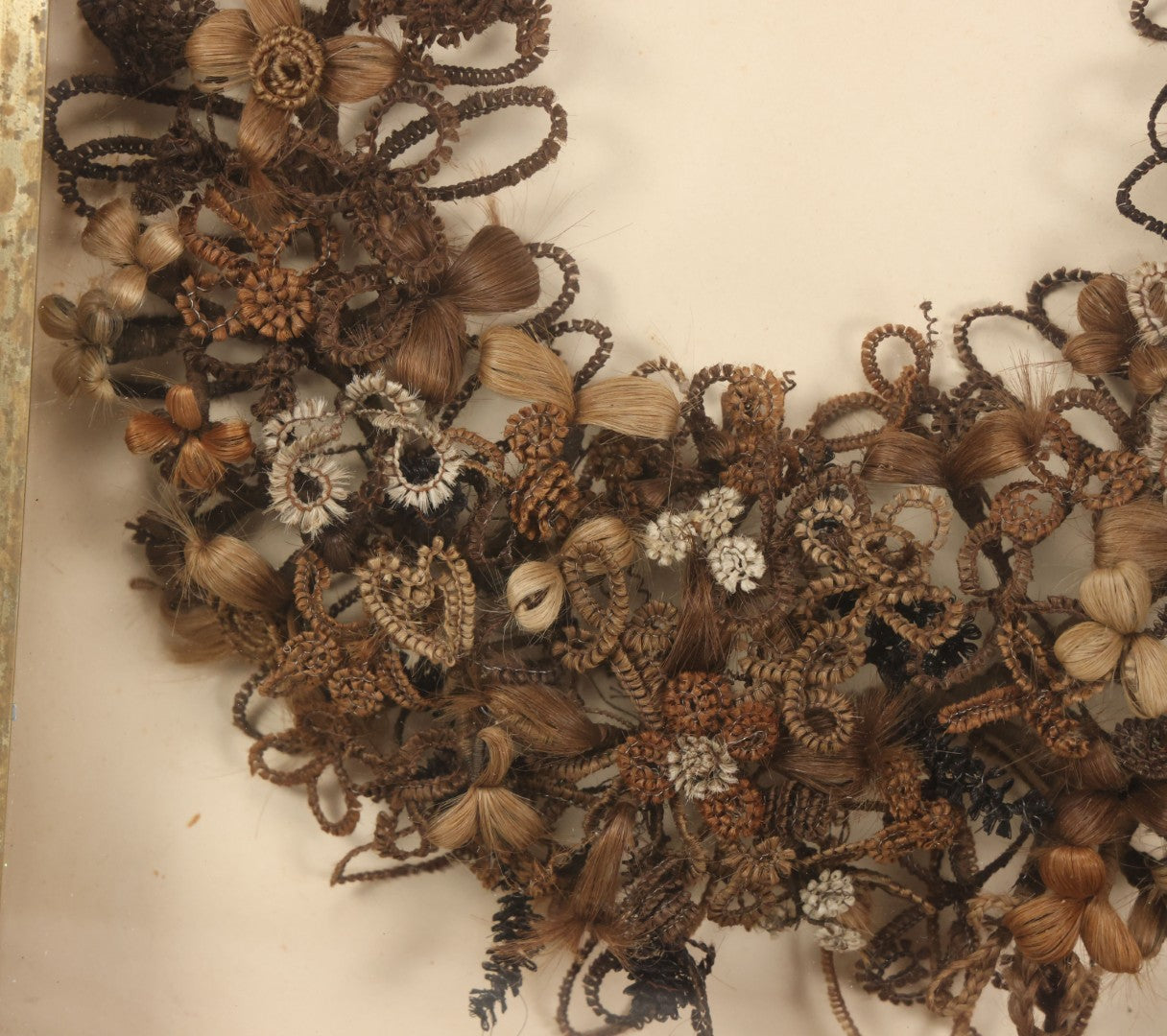 Lot 006 - Antique Victorian Human Hair Work Wreath In Rectangular Shadow Box With Gilt Inner Frame, Horseshoe Shaped Wreath, 16-1/2" x 19-1/2" x 4-3/8"