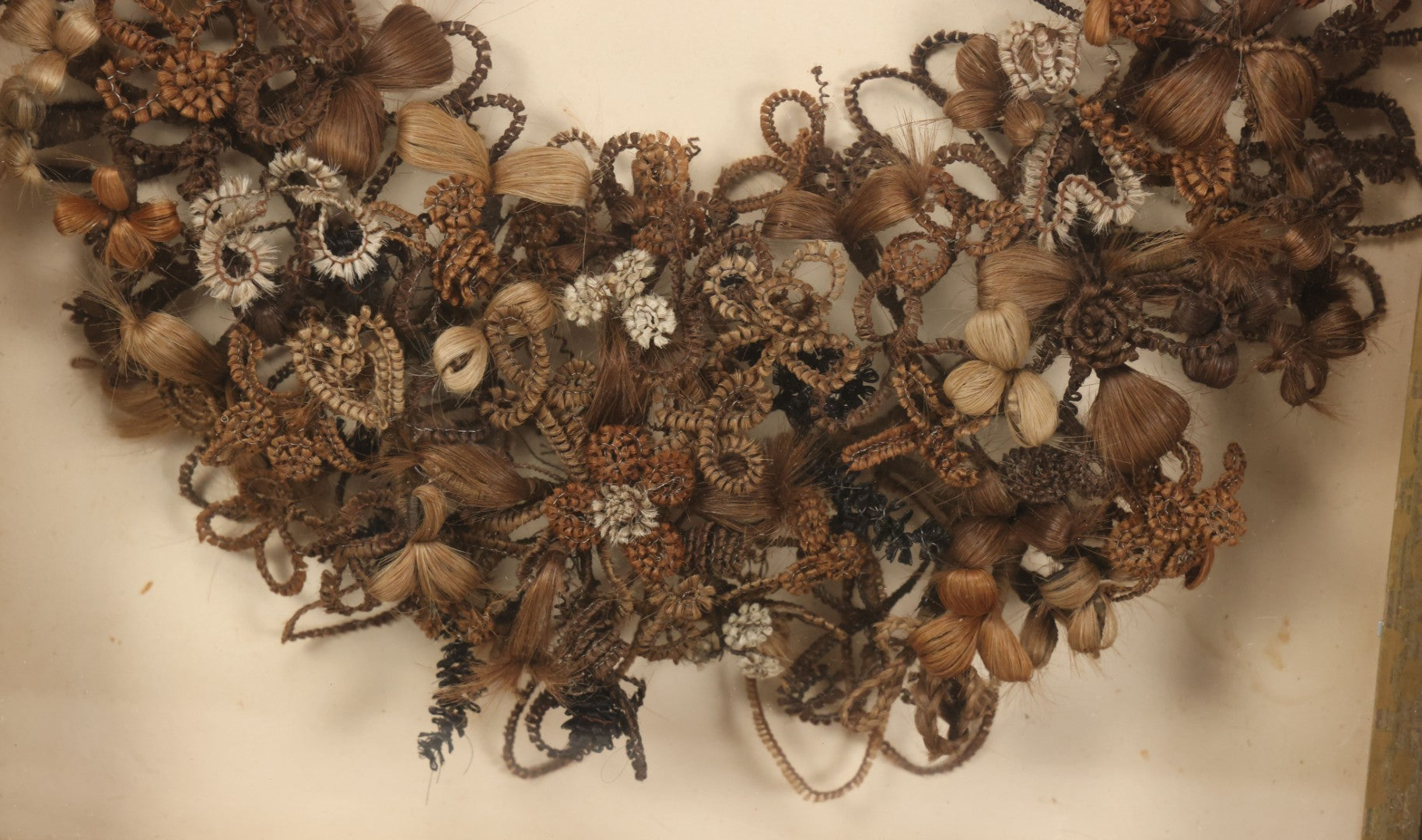 Lot 006 - Antique Victorian Human Hair Work Wreath In Rectangular Shadow Box With Gilt Inner Frame, Horseshoe Shaped Wreath, 16-1/2" x 19-1/2" x 4-3/8"