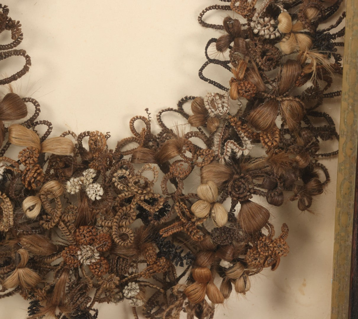 Lot 006 - Antique Victorian Human Hair Work Wreath In Rectangular Shadow Box With Gilt Inner Frame, Horseshoe Shaped Wreath, 16-1/2" x 19-1/2" x 4-3/8"