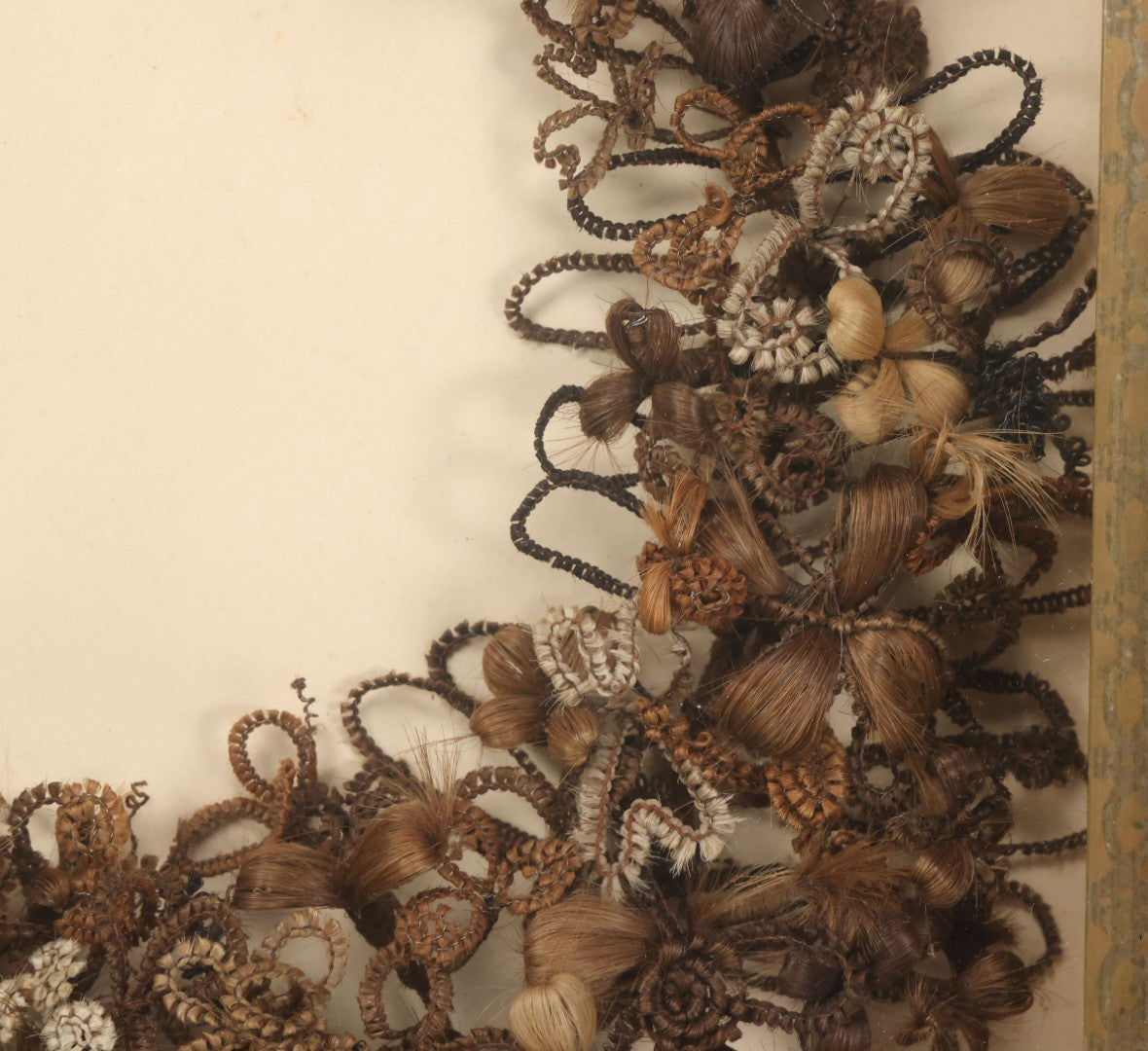 Lot 006 - Antique Victorian Human Hair Work Wreath In Rectangular Shadow Box With Gilt Inner Frame, Horseshoe Shaped Wreath, 16-1/2" x 19-1/2" x 4-3/8"