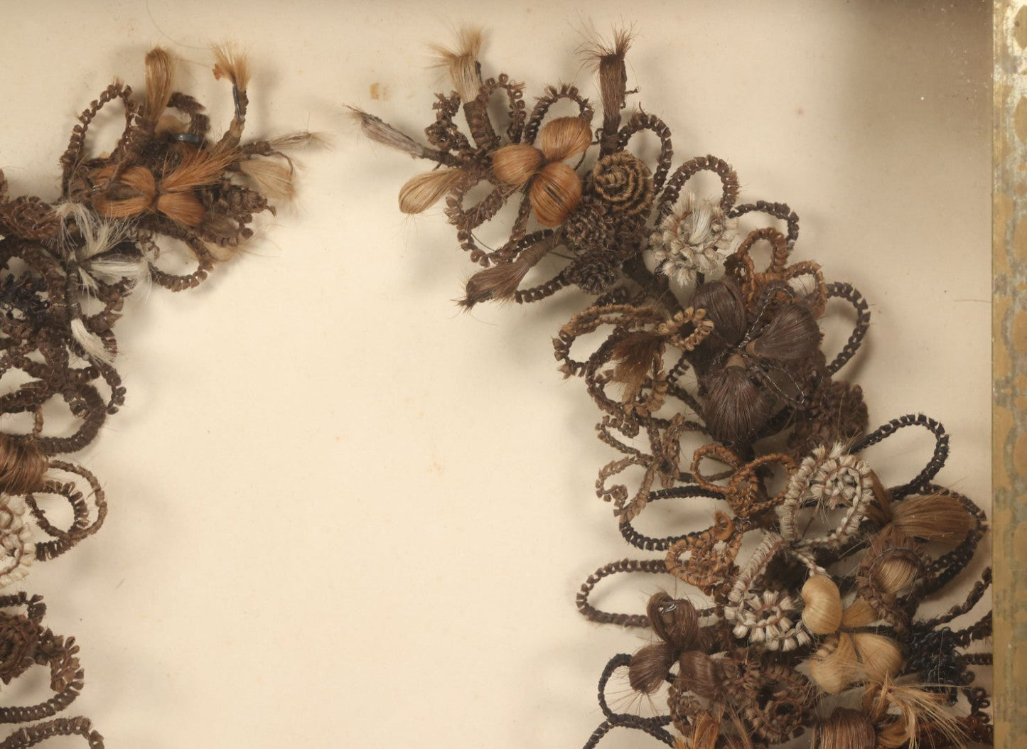 Lot 006 - Antique Victorian Human Hair Work Wreath In Rectangular Shadow Box With Gilt Inner Frame, Horseshoe Shaped Wreath, 16-1/2" x 19-1/2" x 4-3/8"