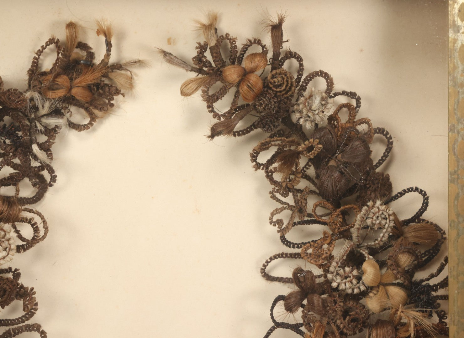 Lot 006 - Antique Victorian Human Hair Work Wreath In Rectangular Shadow Box With Gilt Inner Frame, Horseshoe Shaped Wreath, 16-1/2" x 19-1/2" x 4-3/8"