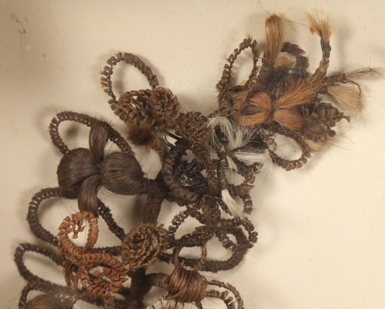 Lot 006 - Antique Victorian Human Hair Work Wreath In Rectangular Shadow Box With Gilt Inner Frame, Horseshoe Shaped Wreath, 16-1/2" x 19-1/2" x 4-3/8"