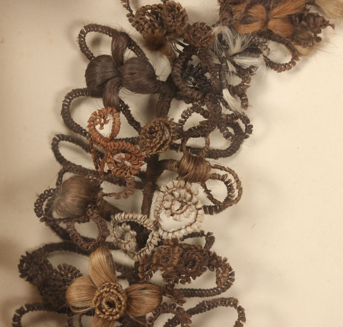 Lot 006 - Antique Victorian Human Hair Work Wreath In Rectangular Shadow Box With Gilt Inner Frame, Horseshoe Shaped Wreath, 16-1/2" x 19-1/2" x 4-3/8"