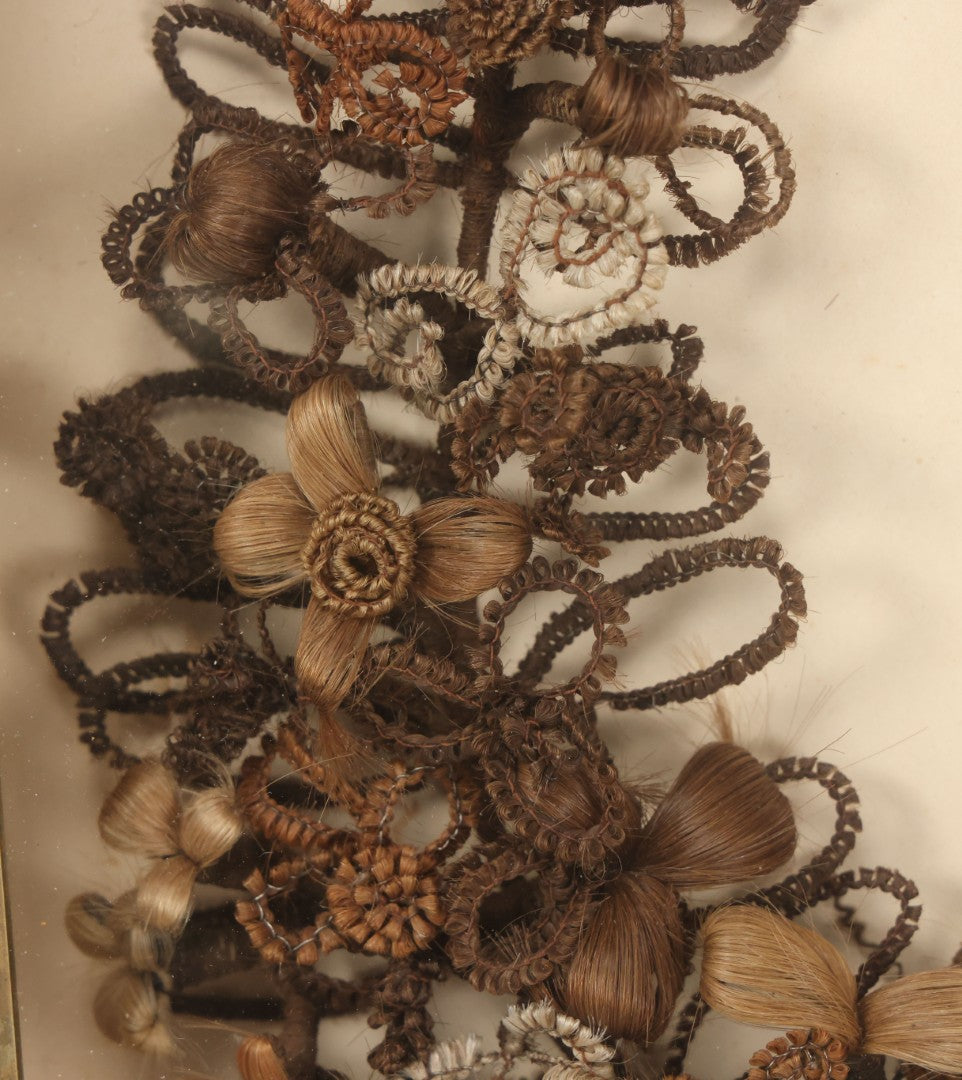 Lot 006 - Antique Victorian Human Hair Work Wreath In Rectangular Shadow Box With Gilt Inner Frame, Horseshoe Shaped Wreath, 16-1/2" x 19-1/2" x 4-3/8"
