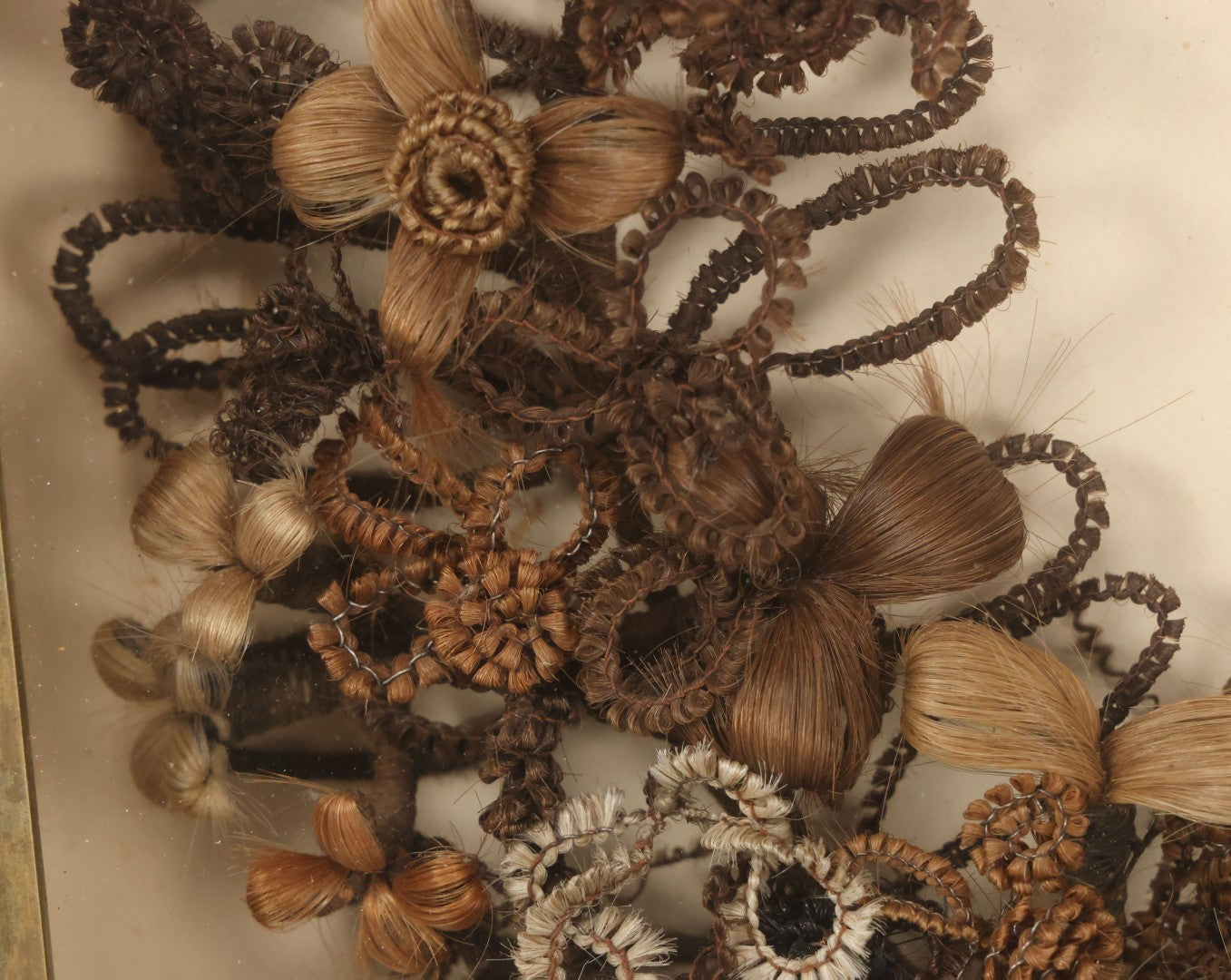 Lot 006 - Antique Victorian Human Hair Work Wreath In Rectangular Shadow Box With Gilt Inner Frame, Horseshoe Shaped Wreath, 16-1/2" x 19-1/2" x 4-3/8"