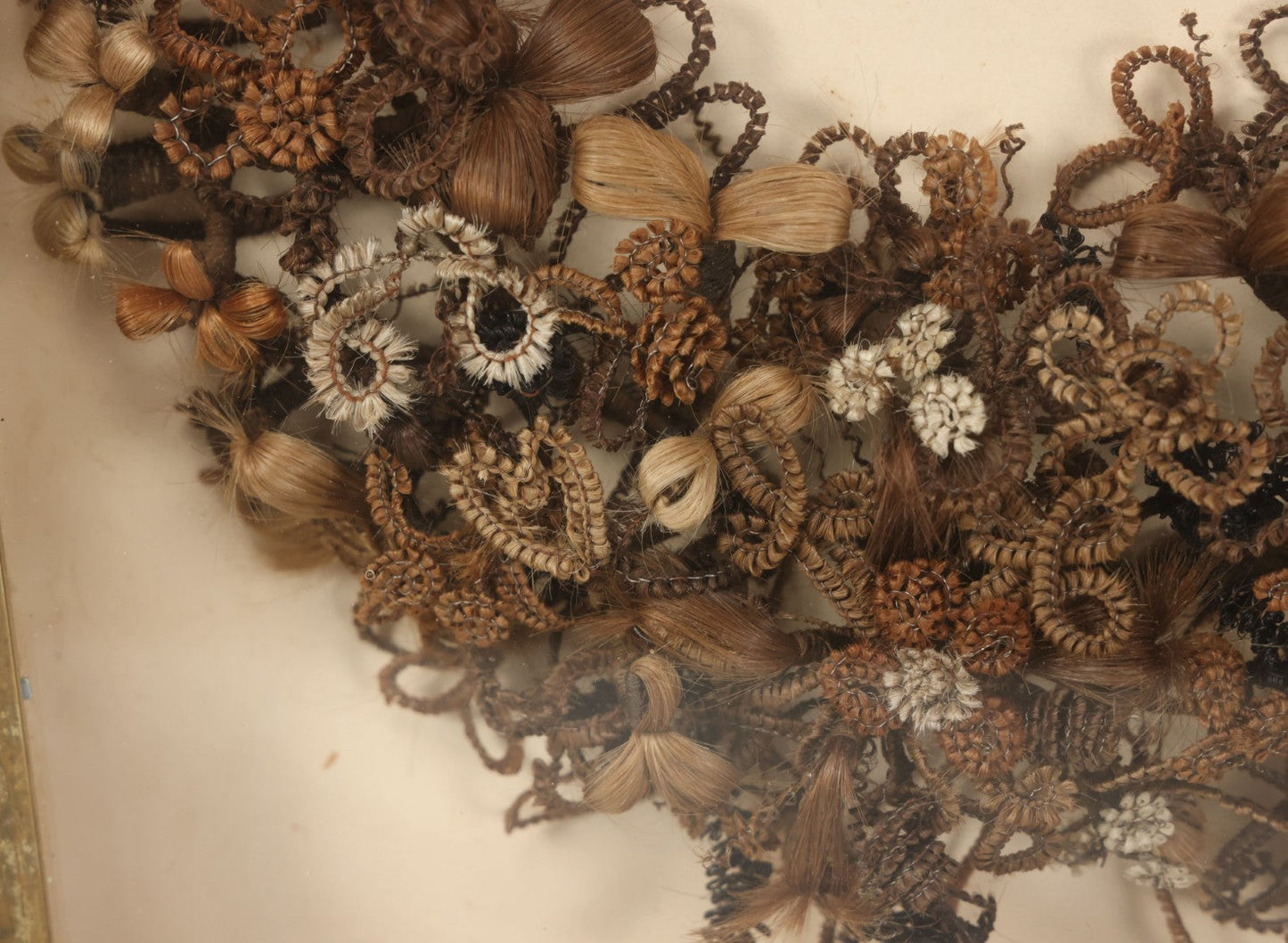 Lot 006 - Antique Victorian Human Hair Work Wreath In Rectangular Shadow Box With Gilt Inner Frame, Horseshoe Shaped Wreath, 16-1/2" x 19-1/2" x 4-3/8"