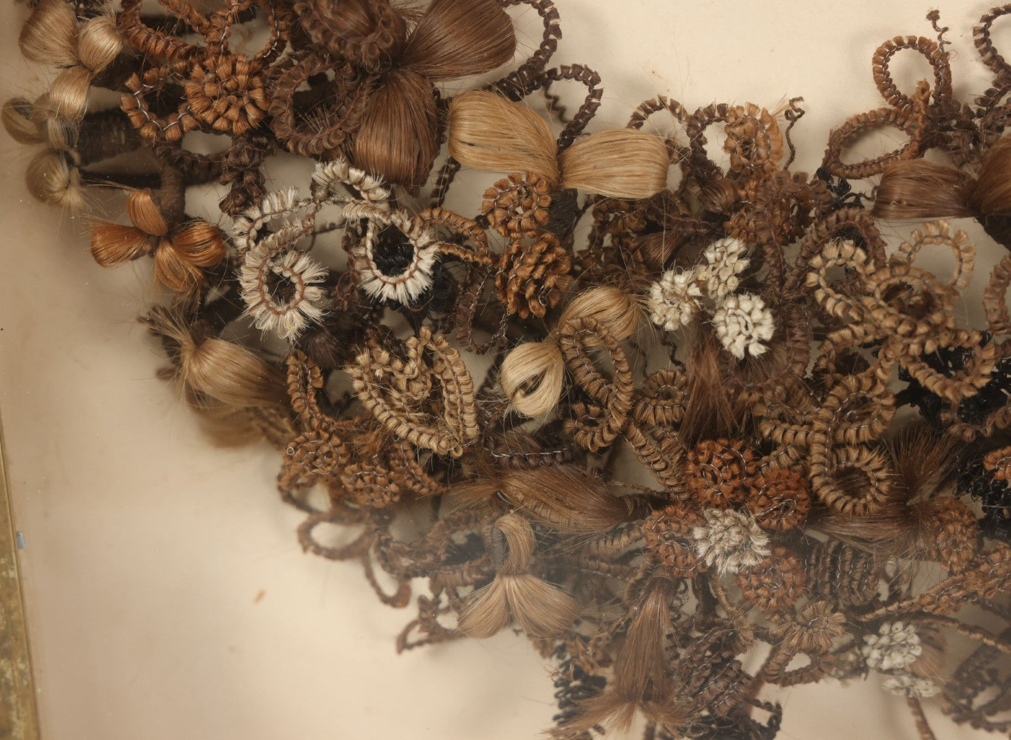 Lot 006 - Antique Victorian Human Hair Work Wreath In Rectangular Shadow Box With Gilt Inner Frame, Horseshoe Shaped Wreath, 16-1/2" x 19-1/2" x 4-3/8"