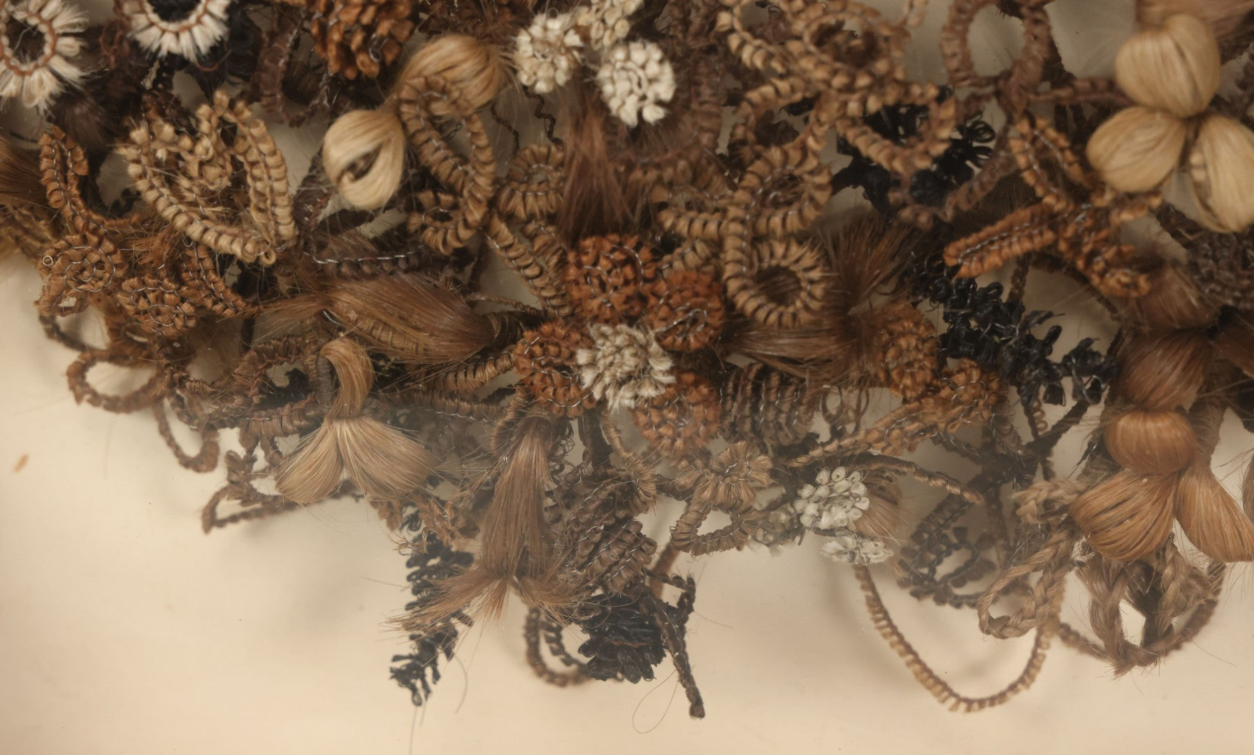 Lot 006 - Antique Victorian Human Hair Work Wreath In Rectangular Shadow Box With Gilt Inner Frame, Horseshoe Shaped Wreath, 16-1/2" x 19-1/2" x 4-3/8"