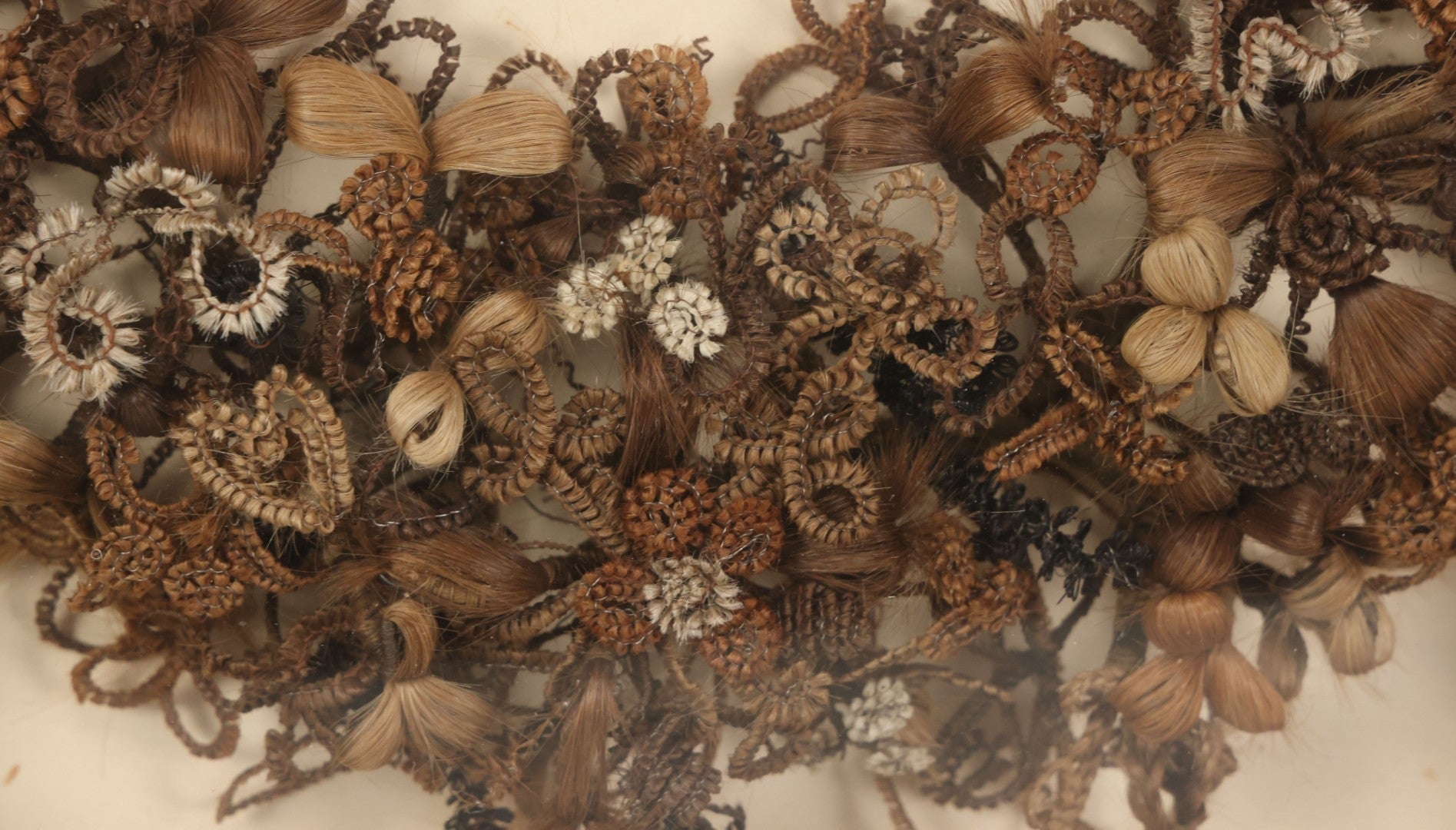 Lot 006 - Antique Victorian Human Hair Work Wreath In Rectangular Shadow Box With Gilt Inner Frame, Horseshoe Shaped Wreath, 16-1/2" x 19-1/2" x 4-3/8"