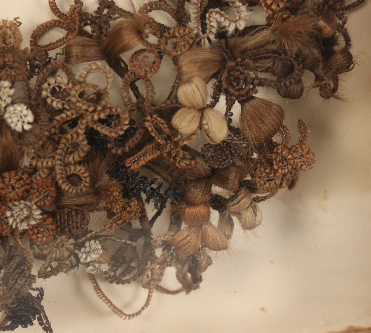 Lot 006 - Antique Victorian Human Hair Work Wreath In Rectangular Shadow Box With Gilt Inner Frame, Horseshoe Shaped Wreath, 16-1/2" x 19-1/2" x 4-3/8"